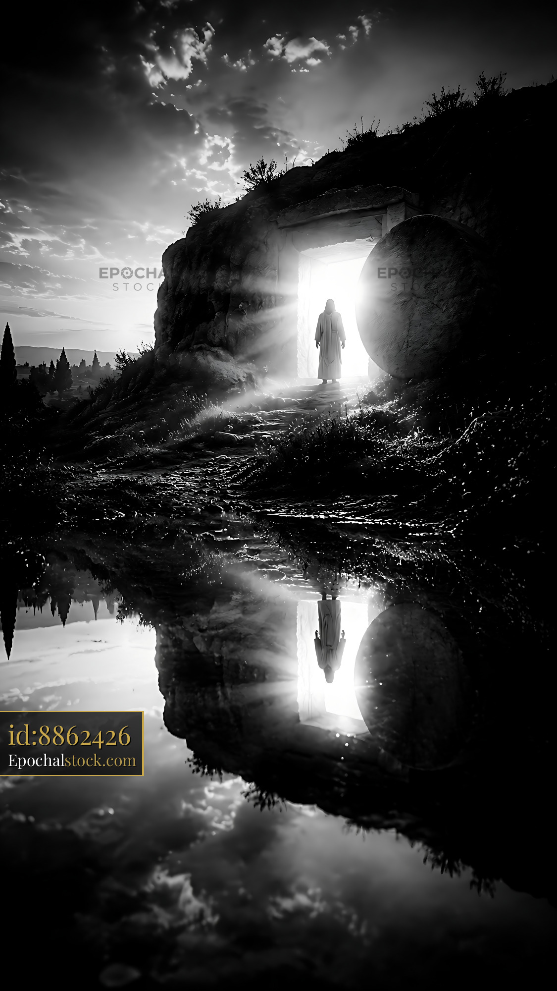 Watermarked full-resolution preview of Person standing in doorway of tomb at sunrise