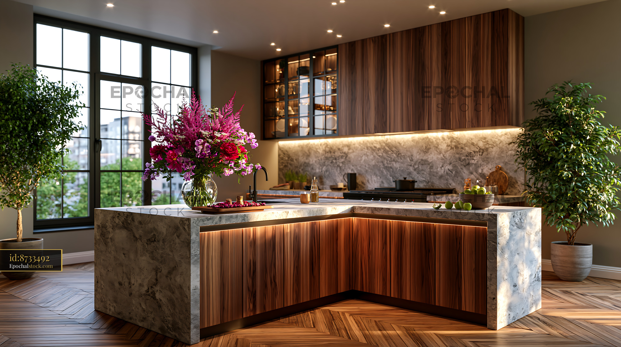Watermarked full-resolution preview of Modern kitchen with wooden details and flowers in a spacious setting