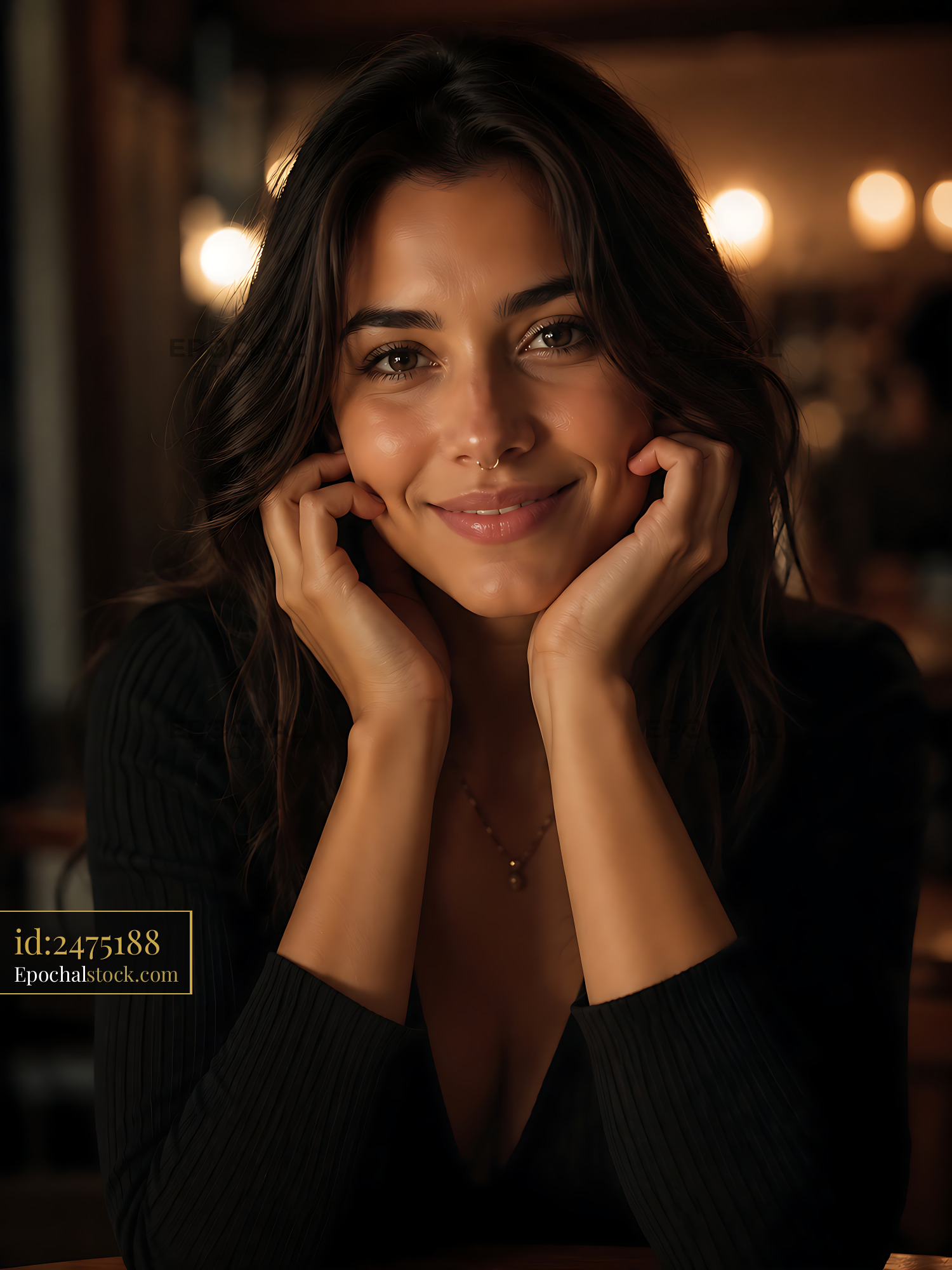 Watermarked full-resolution preview of Woman smiling at a cafe table during evening hours