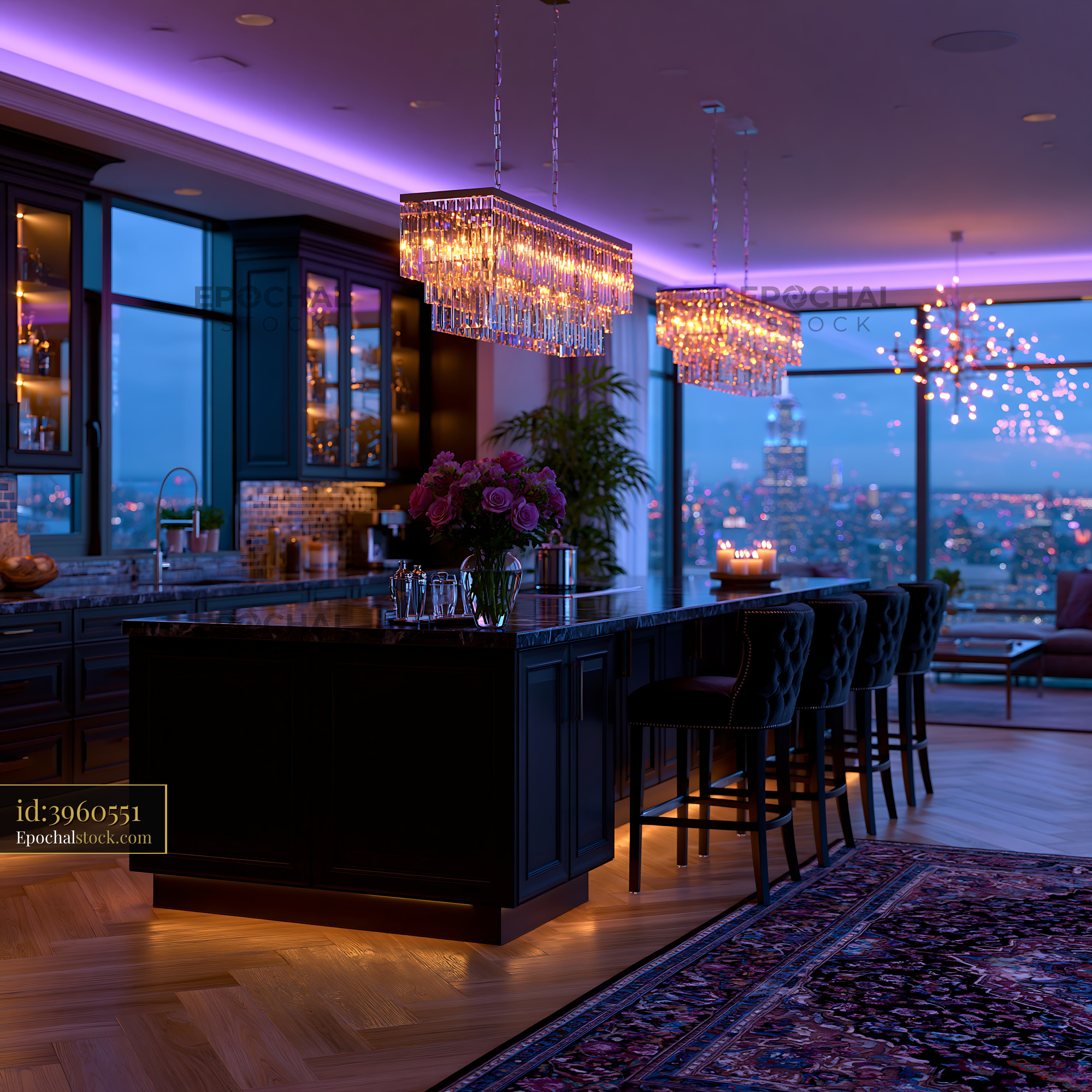 Watermarked full-resolution preview of Luxury kitchen with city skyline view at dusk