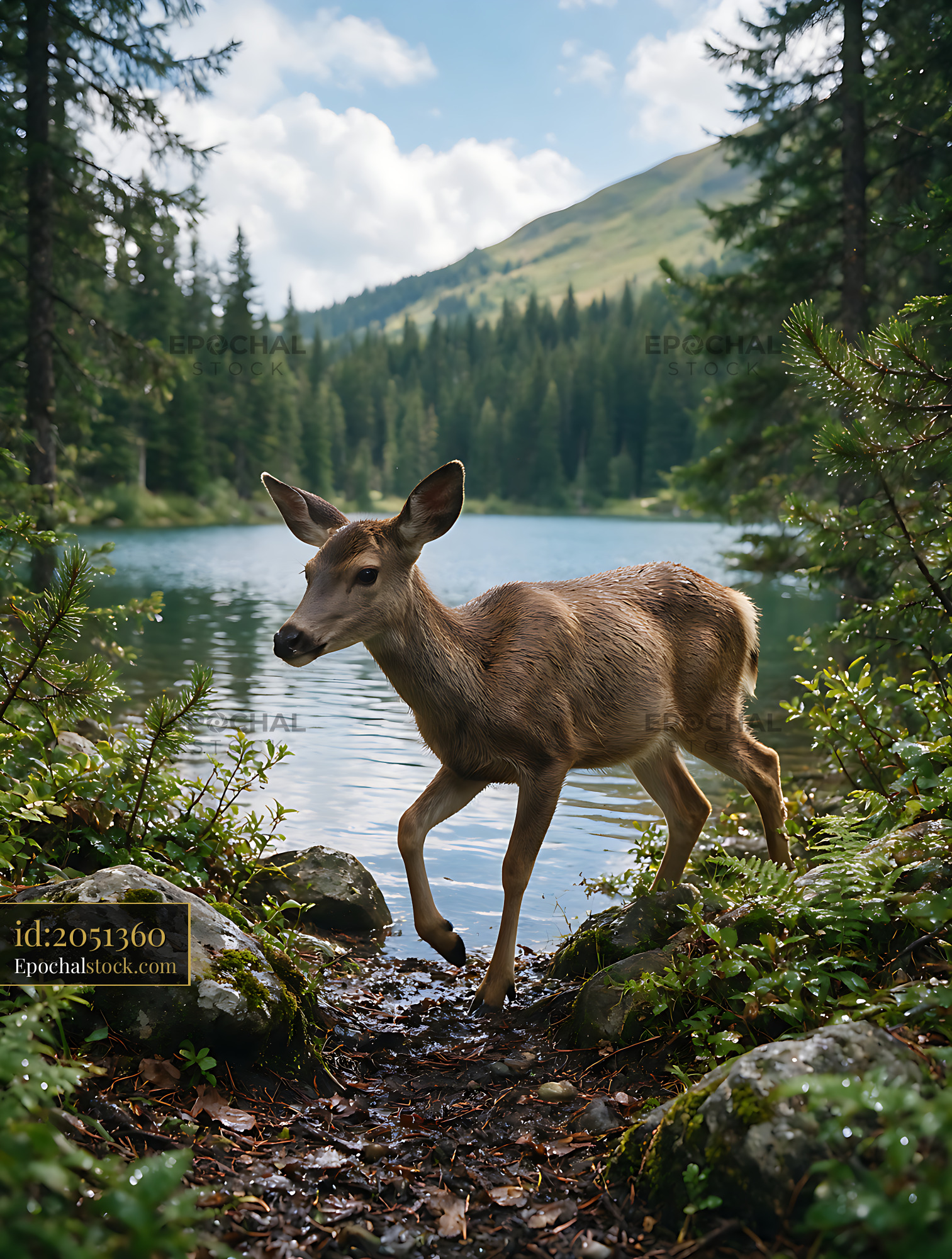 Watermarked full-resolution preview of Wild deer crossing the lakeside in a mountain forest
