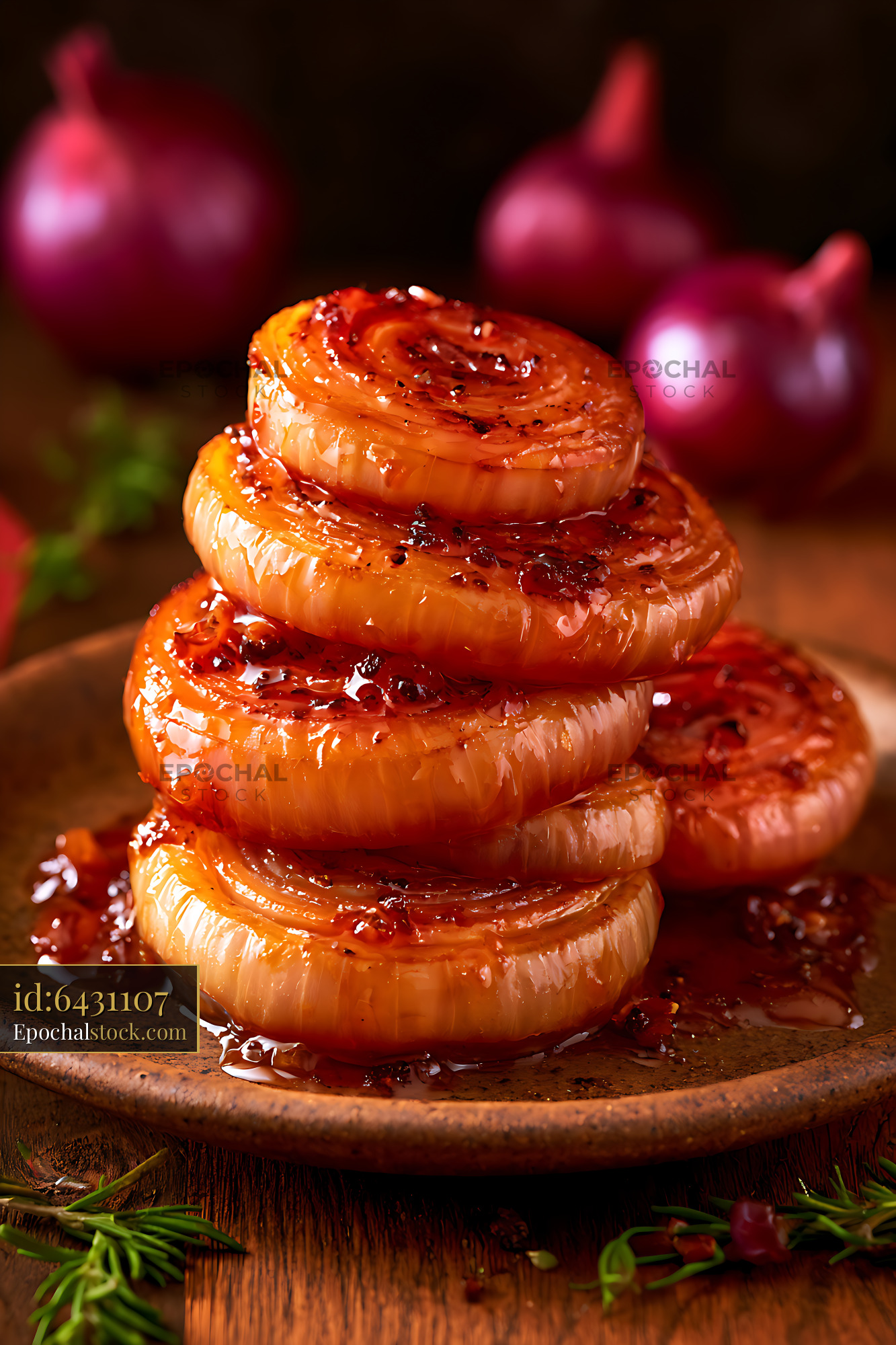 Watermarked full-resolution preview of Stack of glazed onions on rustic plate