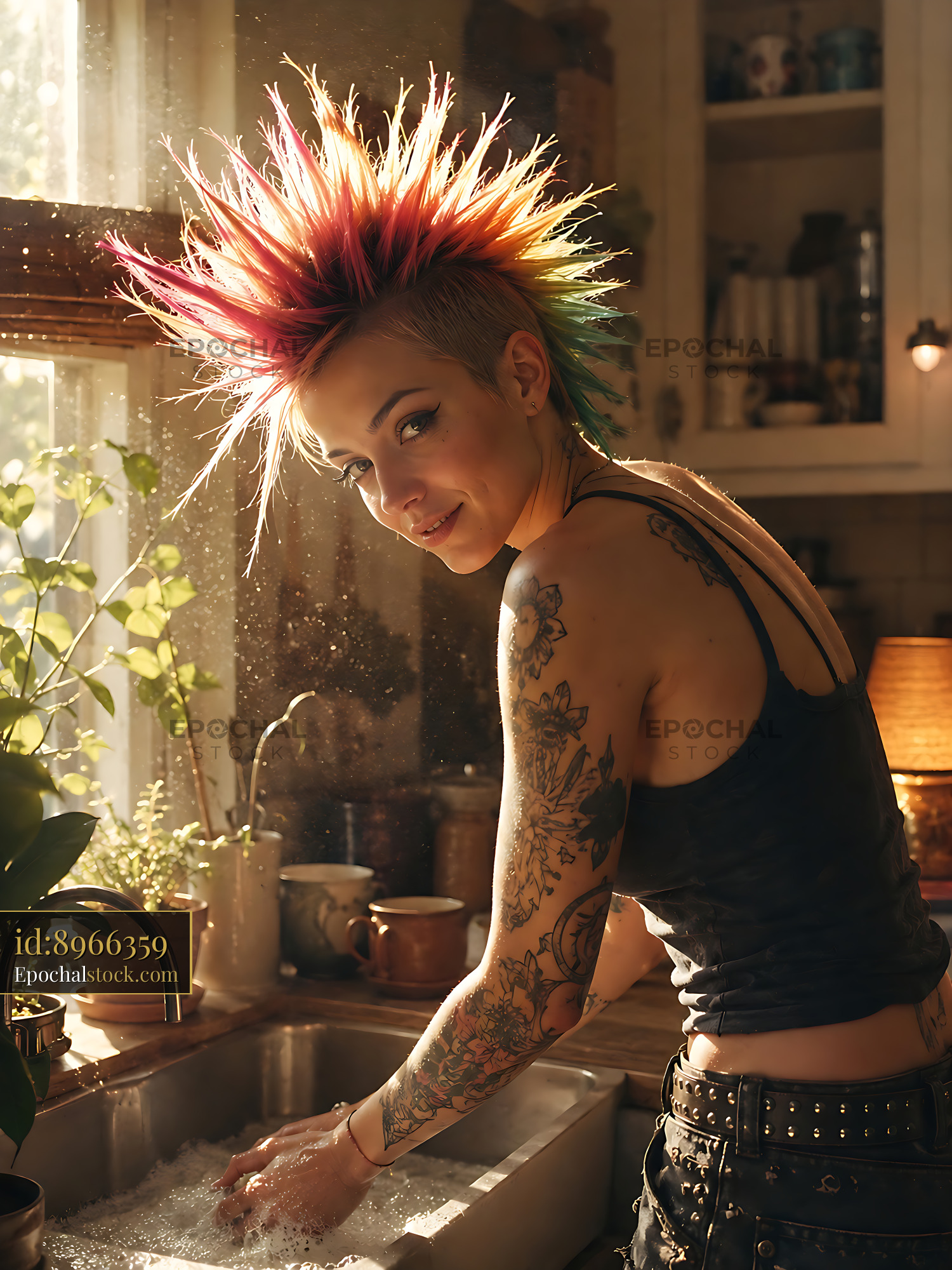 Watermarked full-resolution preview of Woman with colorful mohawk hairstyle washing dishes