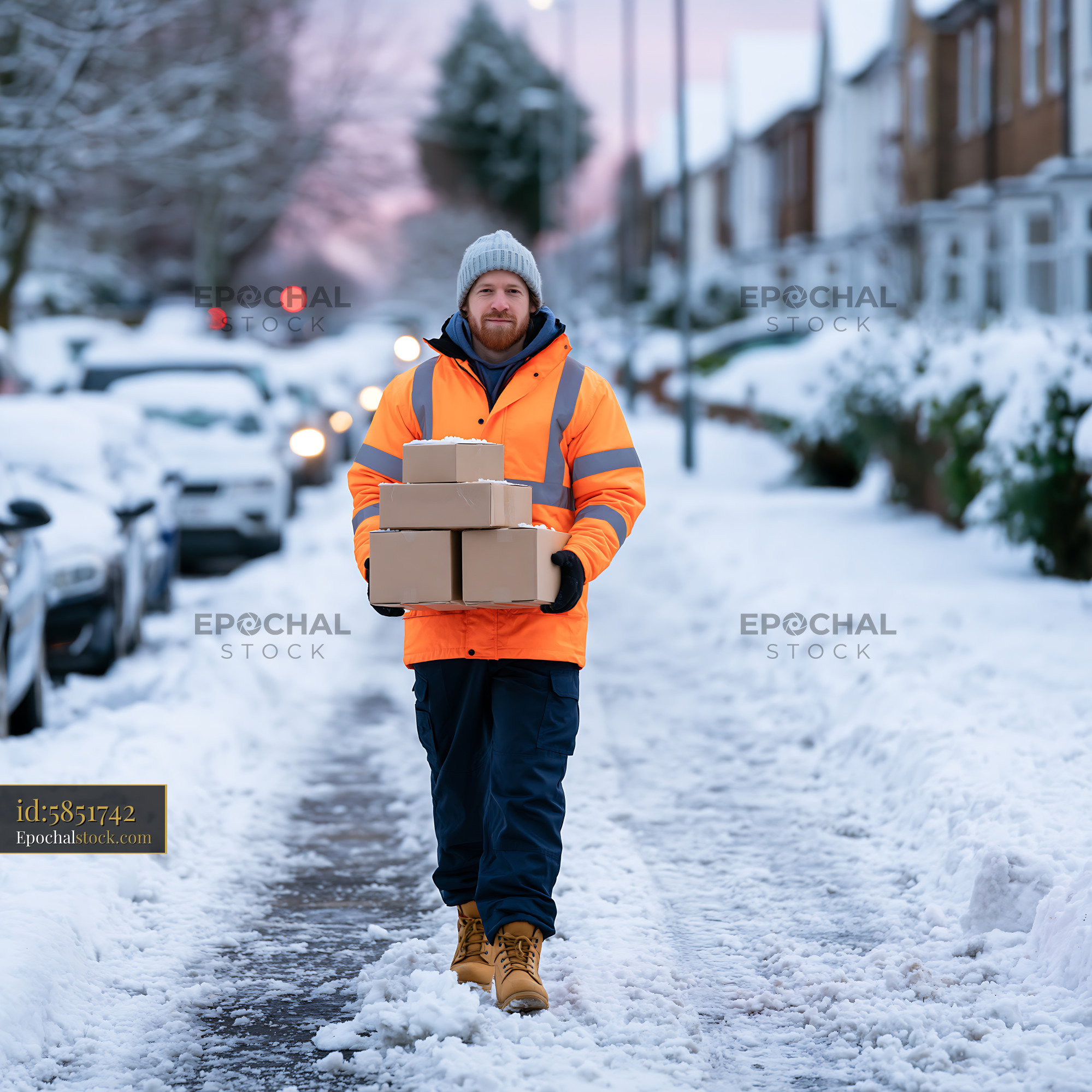 Watermarked full-resolution preview of Delivery worker carries packages through snowy street