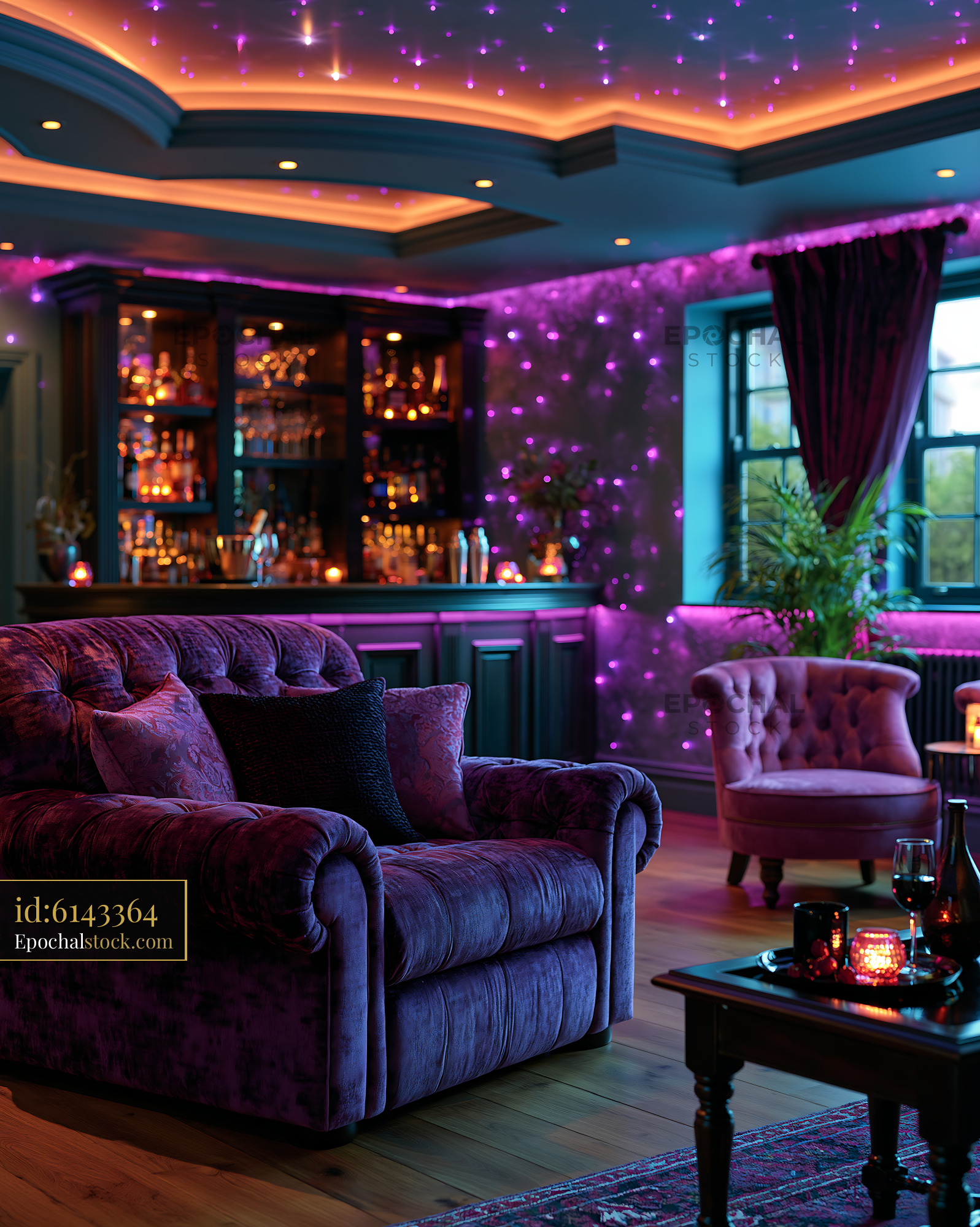 Watermarked full-resolution preview of Cozy lounge area with purple lighting and comfortable seating