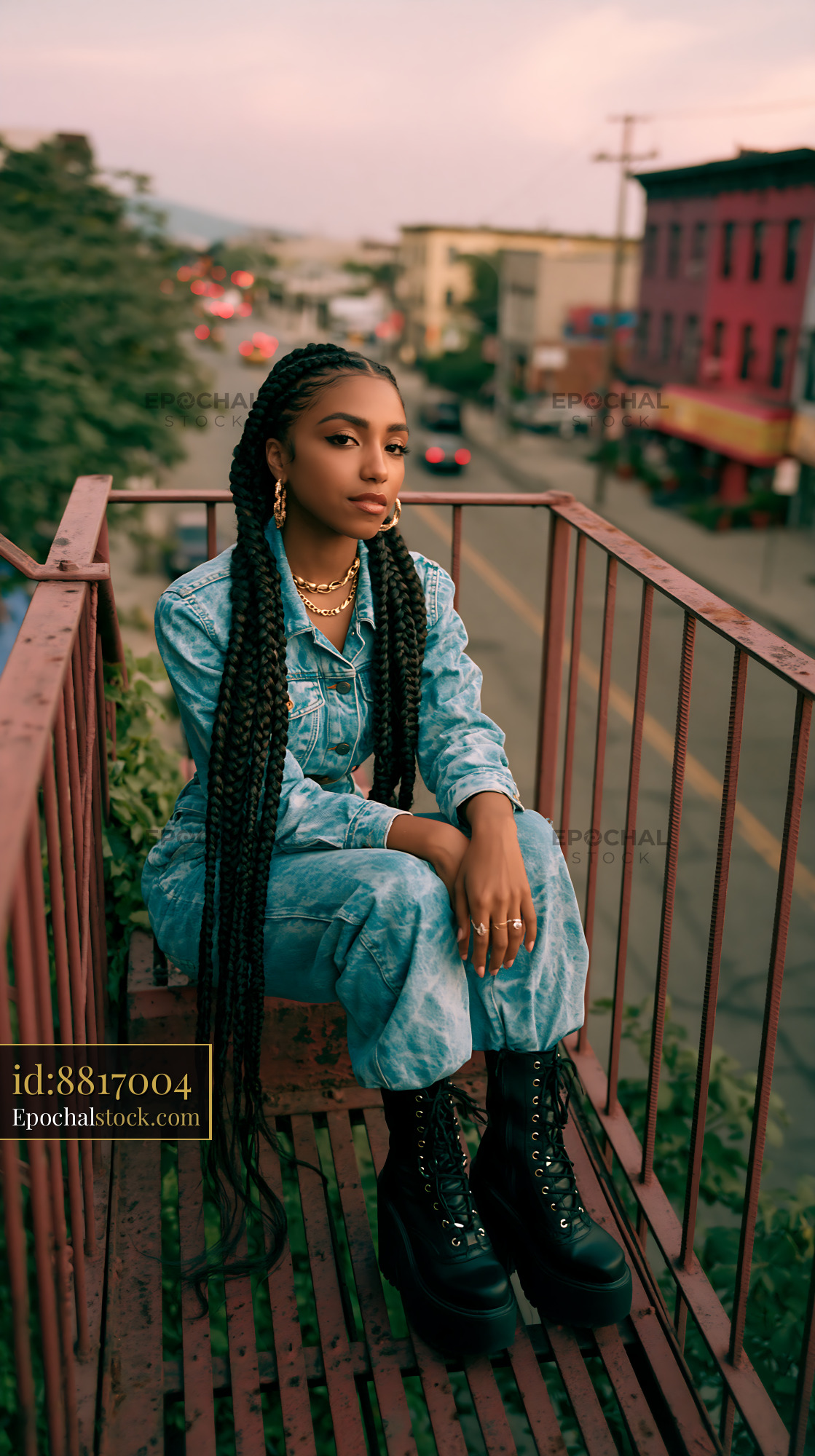 Watermarked full-resolution preview of Young woman sitting on a balcony during sunset in urban setting