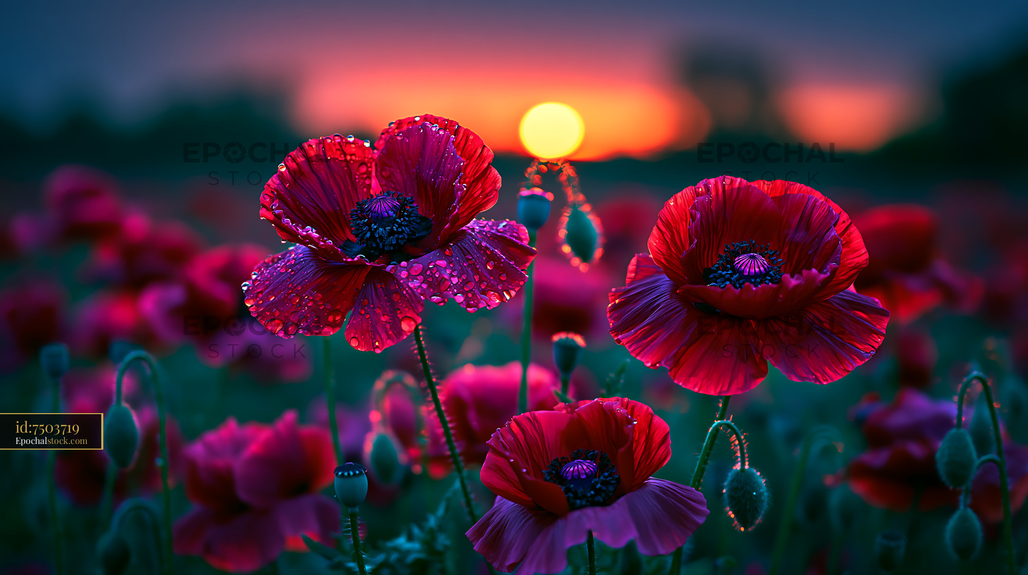 Watermarked full-resolution preview of Vibrant red poppy flowers bloom at sunset