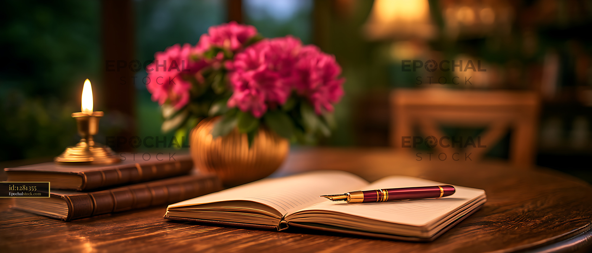 Watermarked full-resolution preview of Warm vintage writing desk still life with flowers and candle