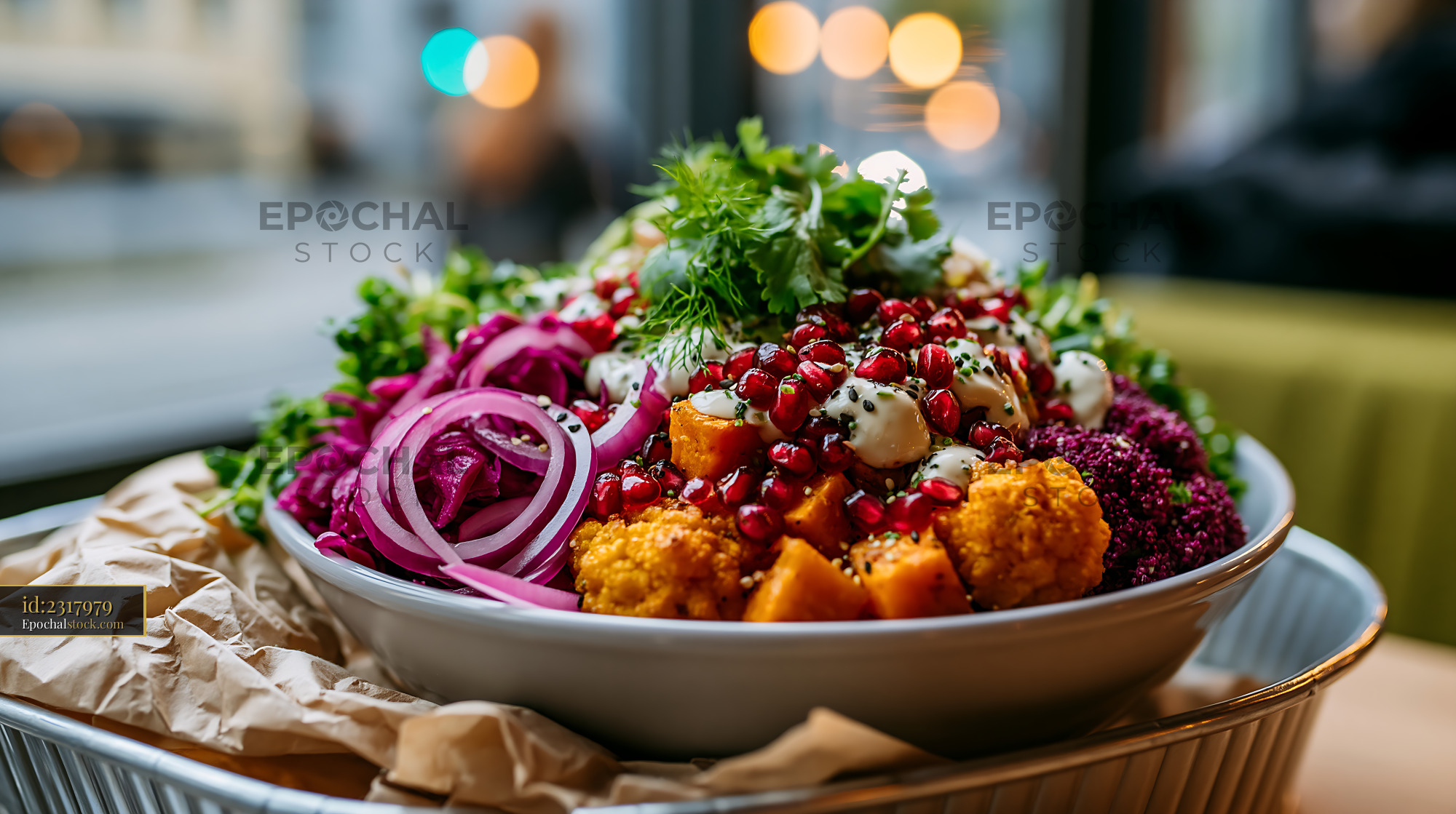 Watermarked full-resolution preview of Colorful salad bowl with fresh vegetables and pomegranate seeds