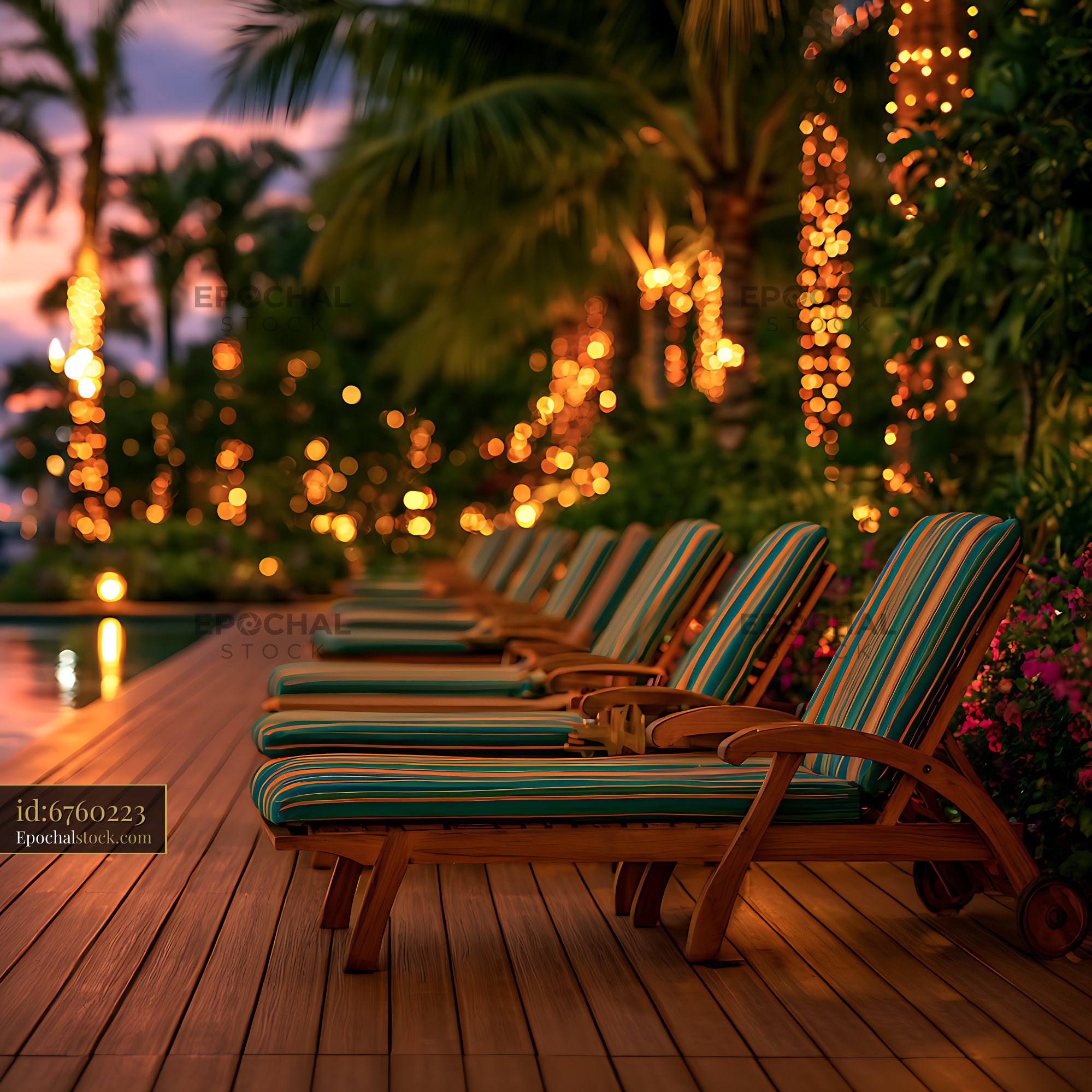 Watermarked full-resolution preview of Tropical poolside lounge chairs with glowing lights
