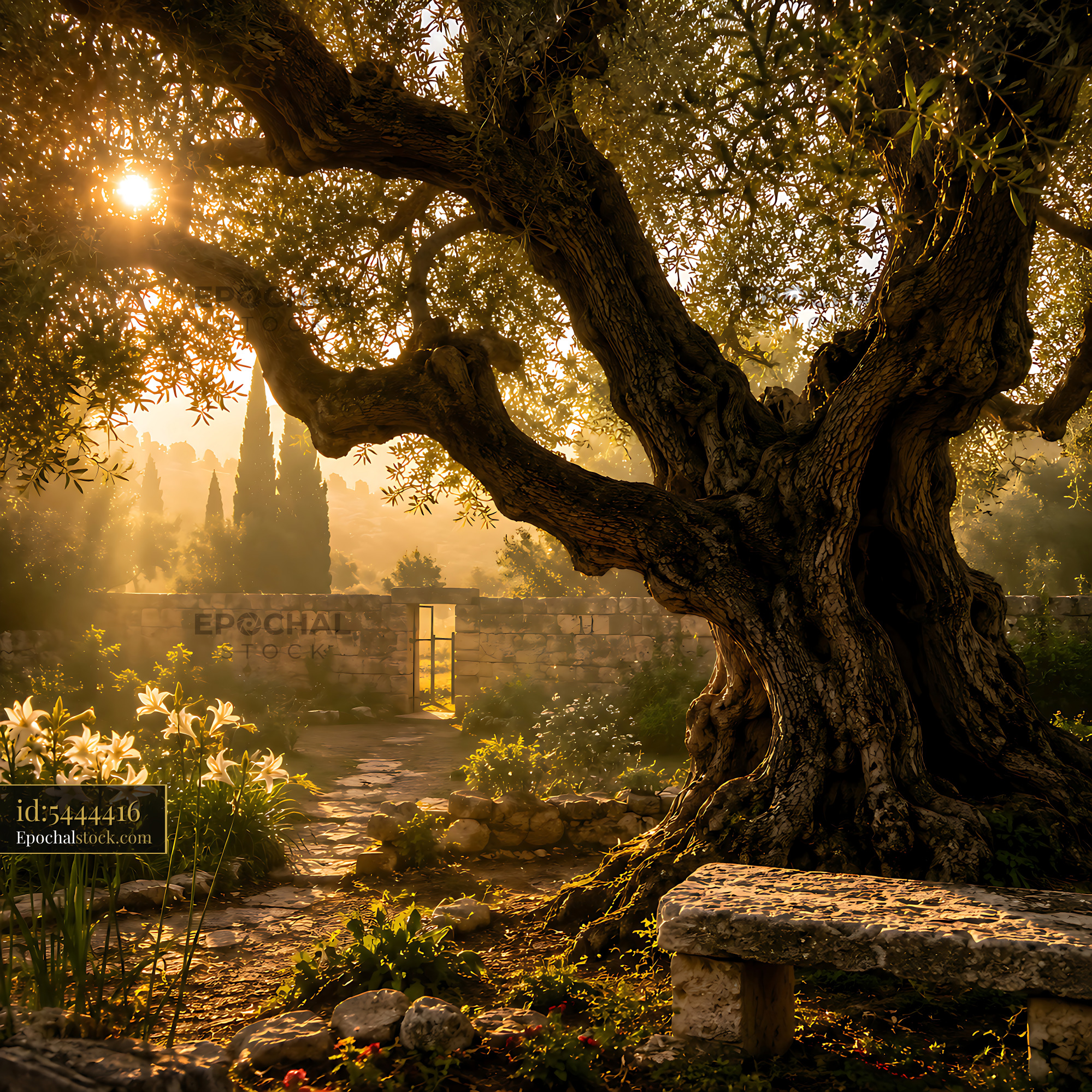 Olive Tree Stands Tall in Garden at Sunset With Flowers Nearby - stock photo