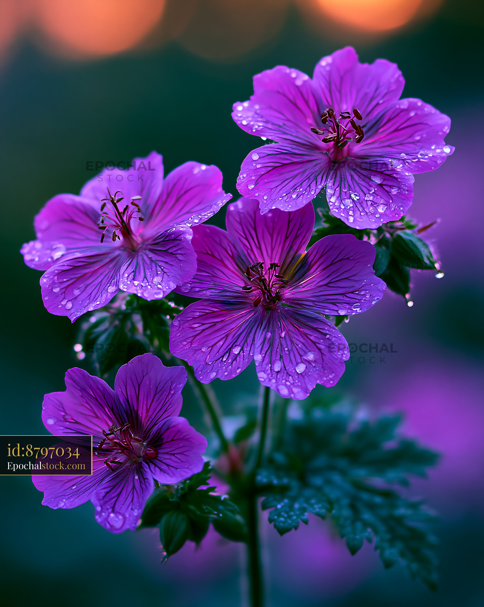 Watermarked full-resolution preview of Purple flowers with water droplets in natural setting