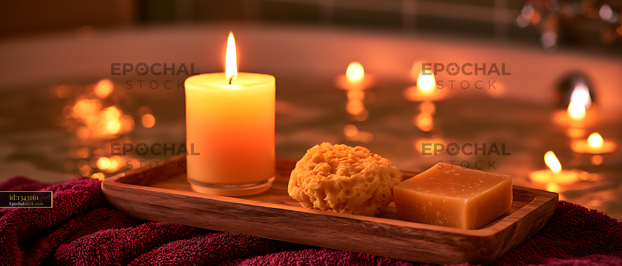 Watermarked full-resolution preview of Warm candlelit bath arrangement with soap and sponge