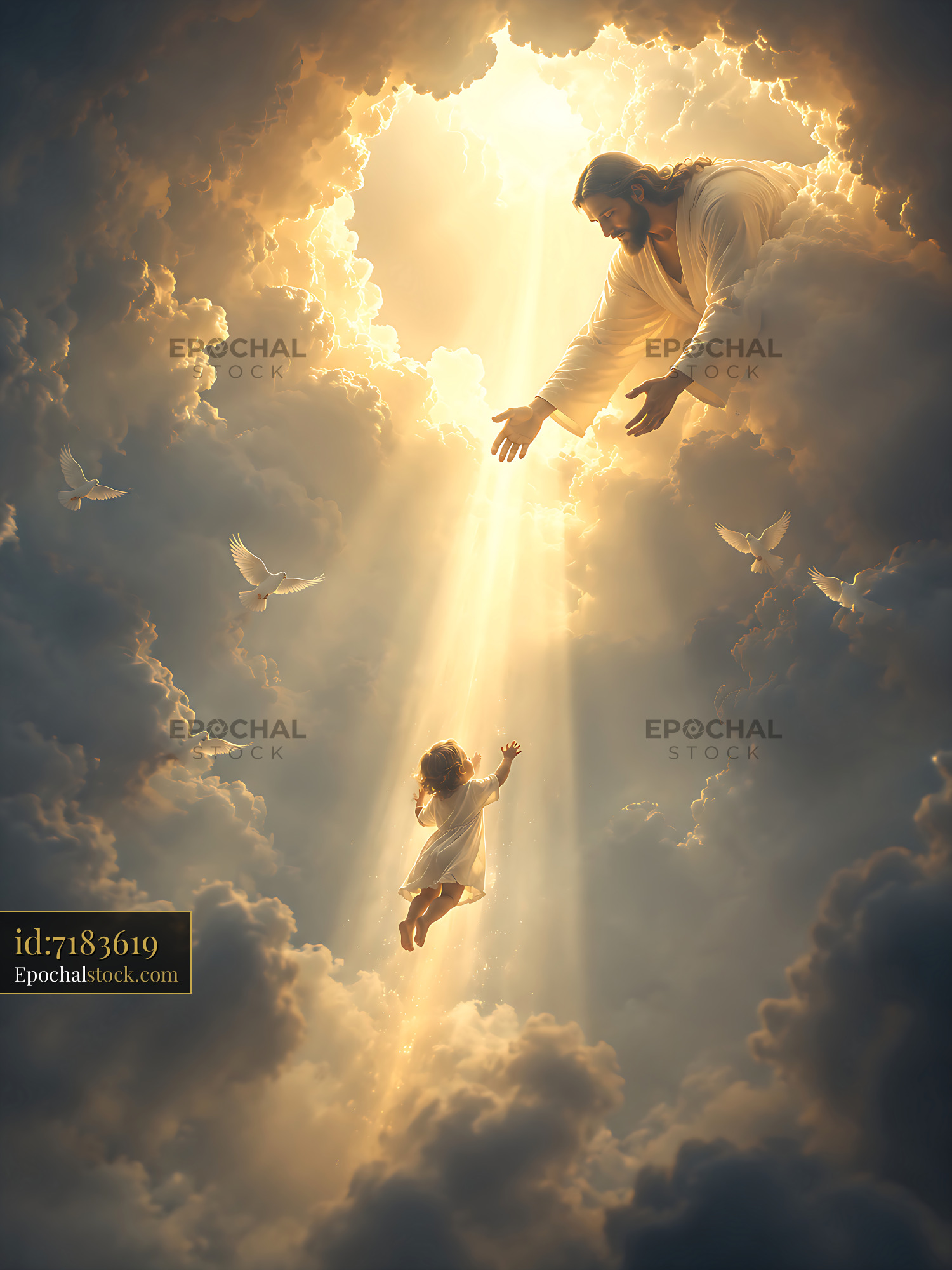 Man Reaches out to Child in Clouds With Light Shining Through - stock photo