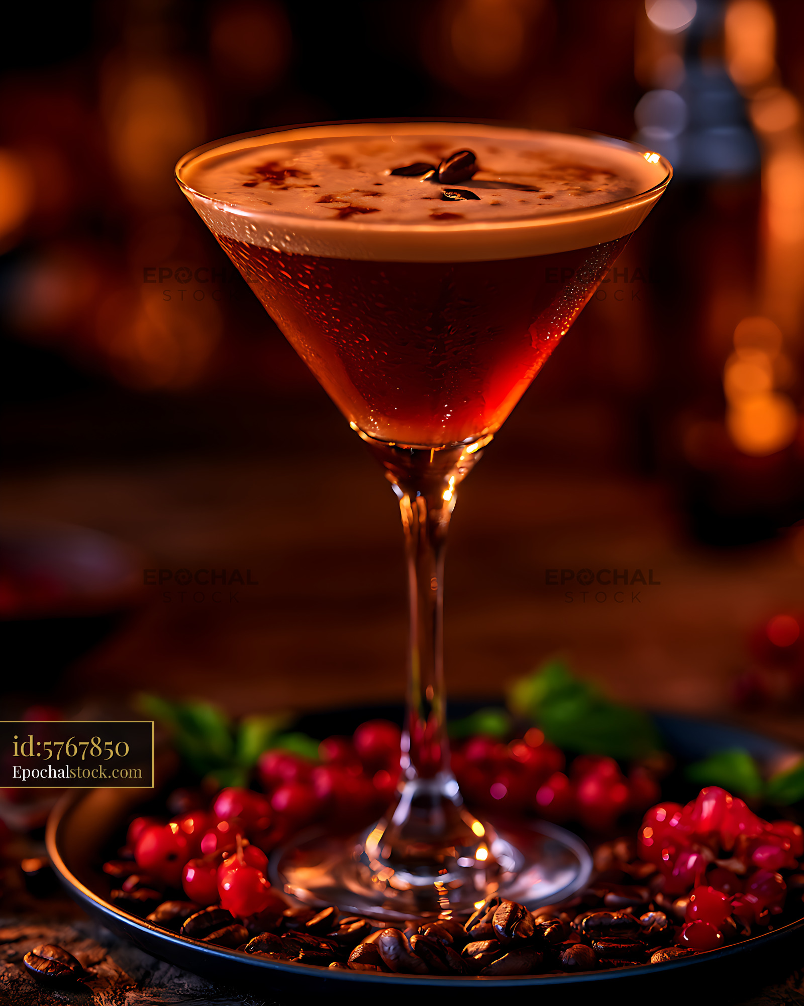 Watermarked full-resolution preview of Elegant dark cocktail with coffee beans and red berries