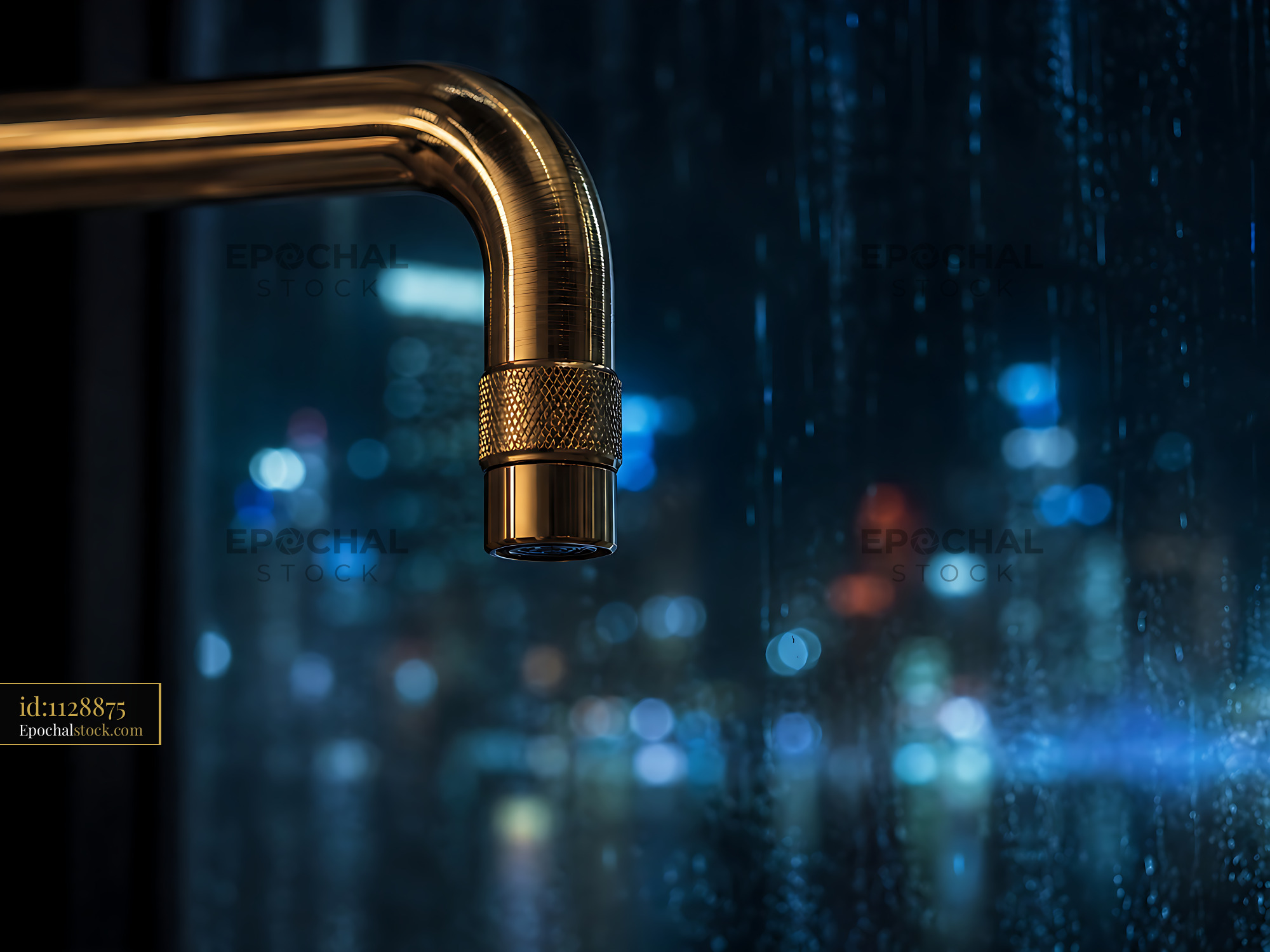 Watermarked full-resolution preview of Faucet dripping water against illuminated city background