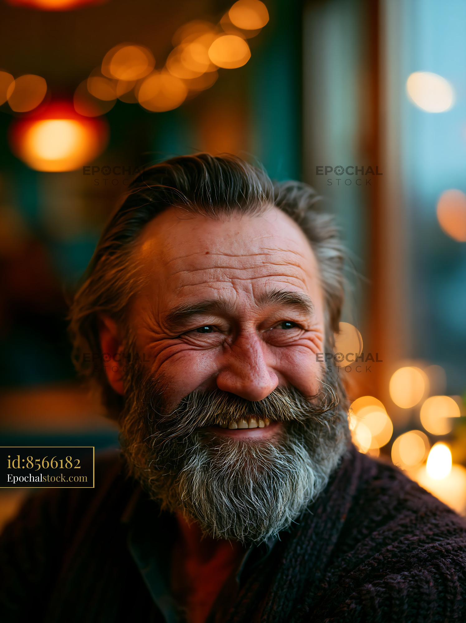 Watermarked full-resolution preview of Smiling bearded man sitting indoors at cafe