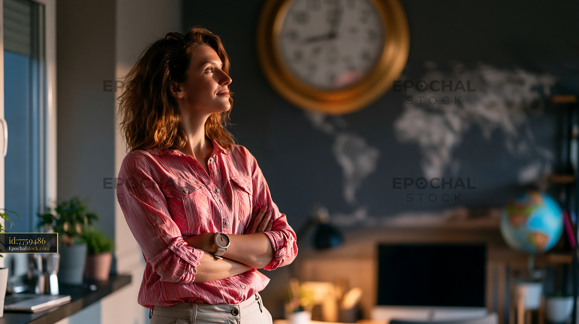 Watermarked full-resolution preview of Woman stands in an office looking thoughtfully out the window