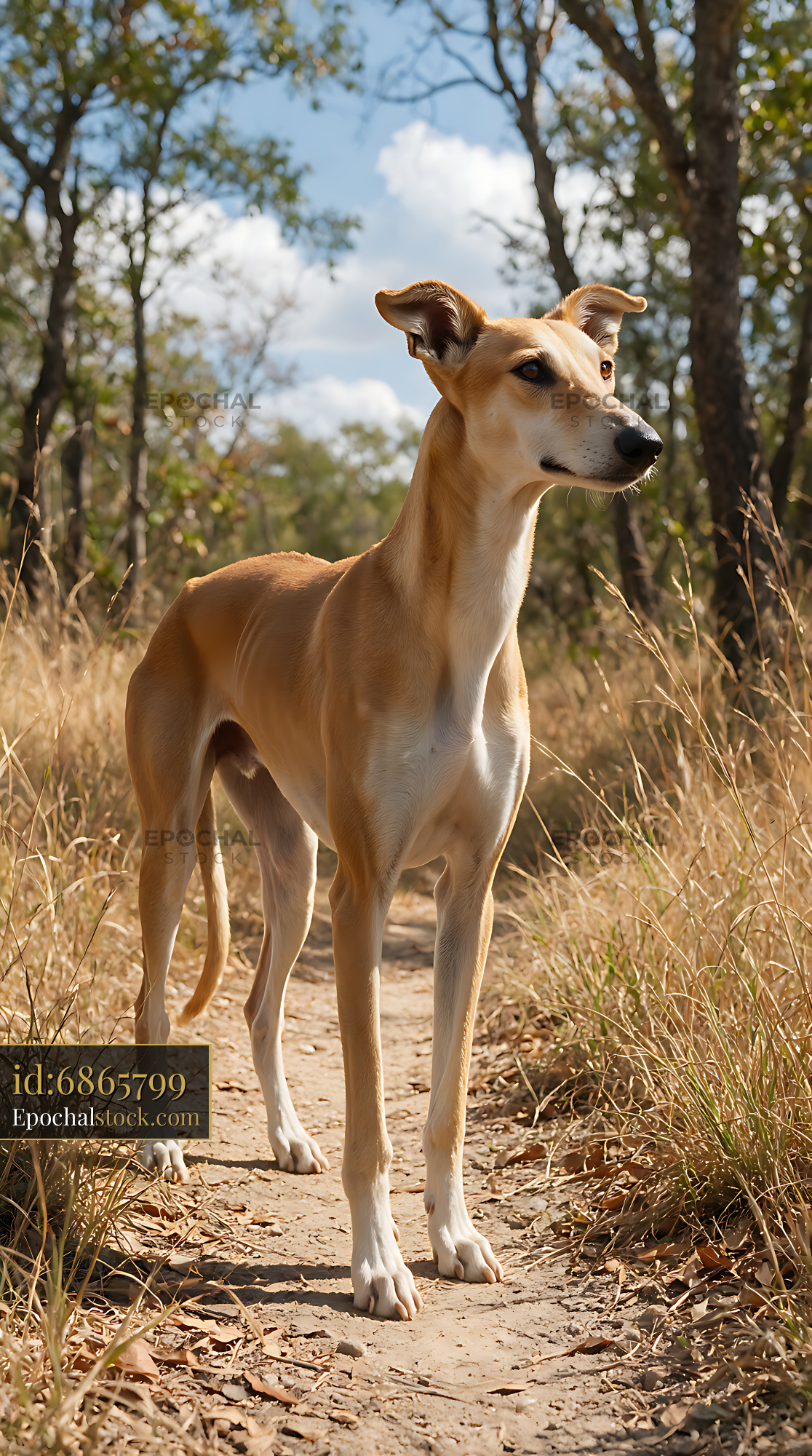 Watermarked full-resolution preview of Tan and white dog on woodland path