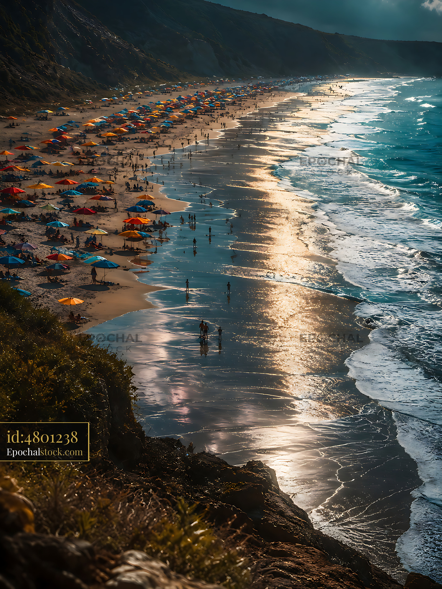 Watermarked full-resolution preview of Crowded beach with colorful tents during sunny daytime