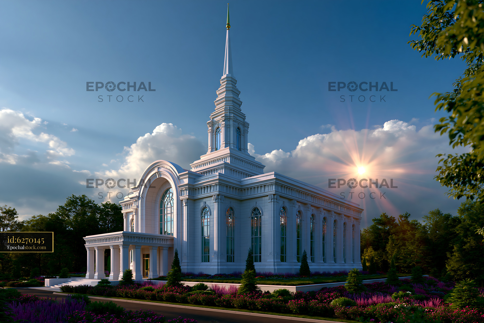 Watermarked full-resolution preview of Beautiful temple with a tall spire under a blue sky