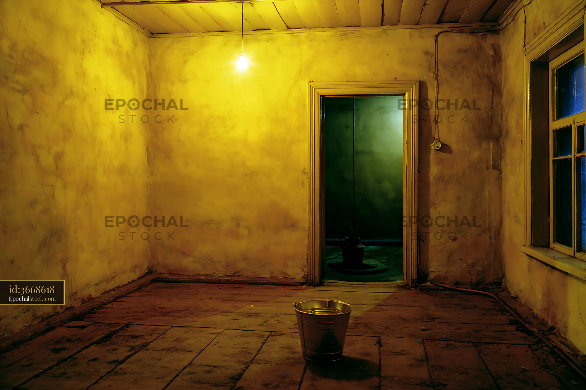 Watermarked full-resolution preview of Empty room with bucket and doorway under soft light