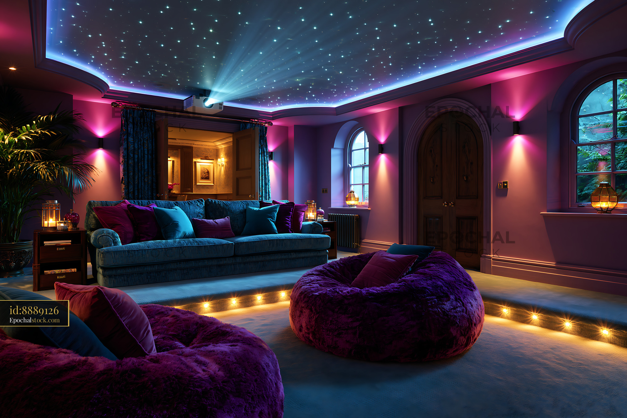 Watermarked full-resolution preview of Cozy home theater with colorful lighting and comfortable seating