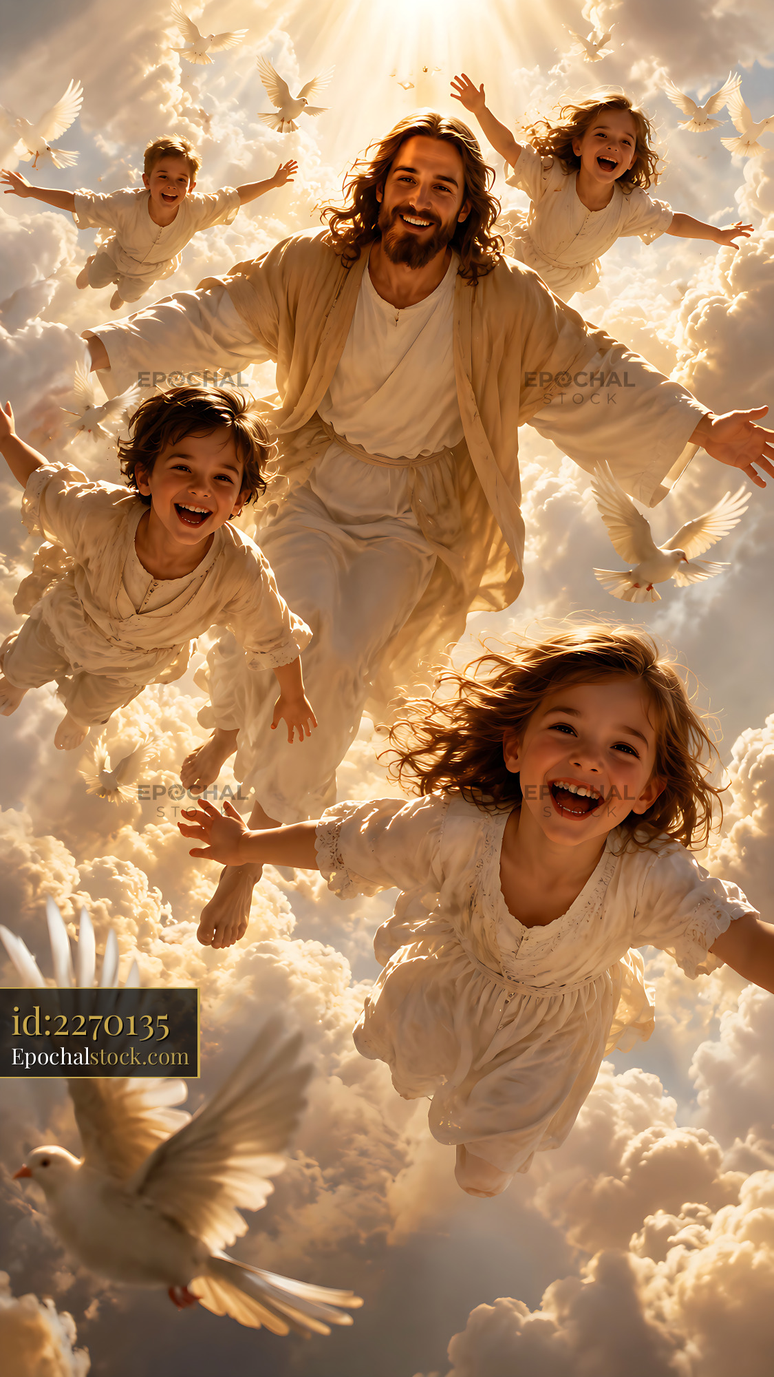 Watermarked full-resolution preview of Jesus with children in clouds