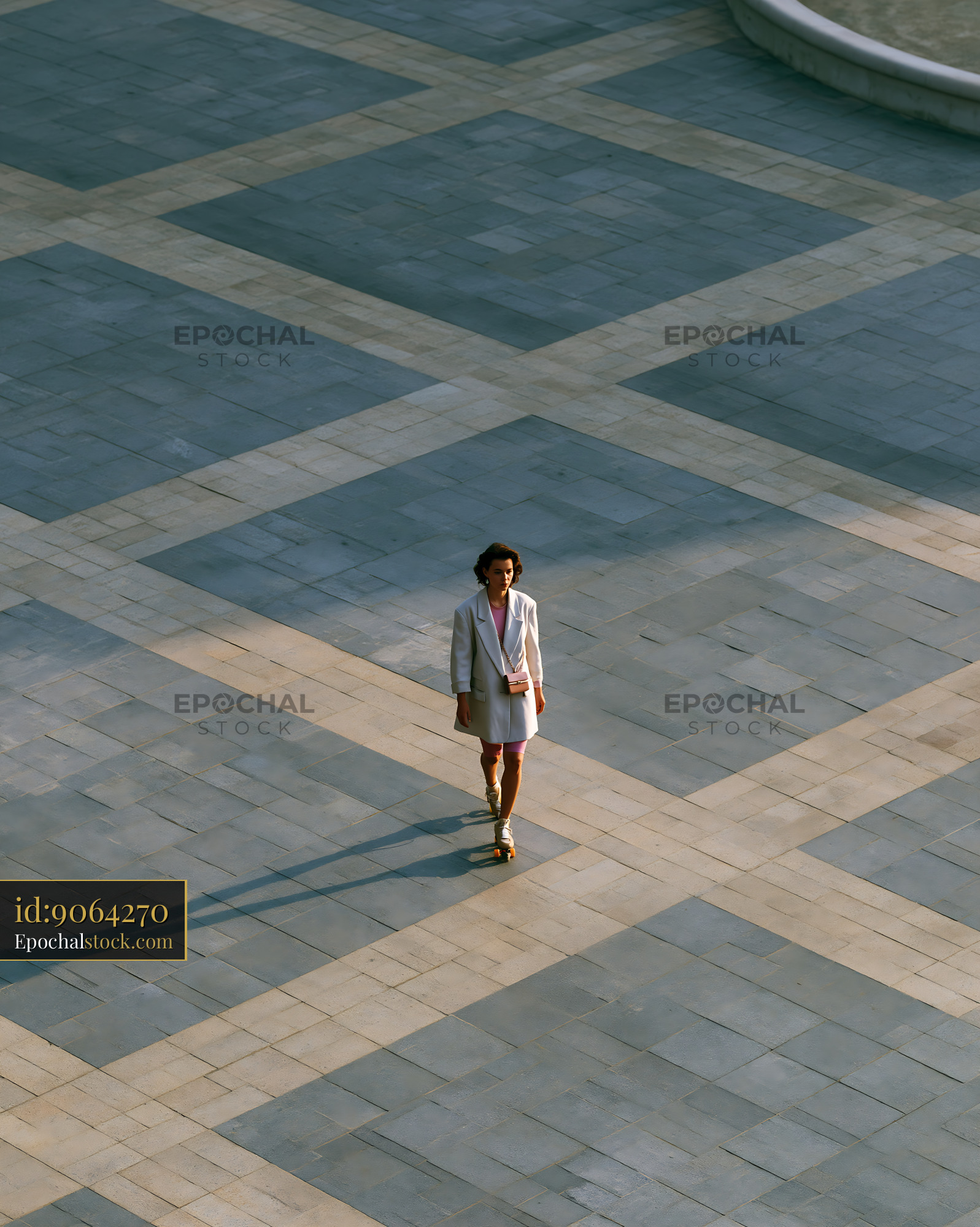 Watermarked full-resolution preview of Person walking on a patterned stone pavement in outdoor setting
