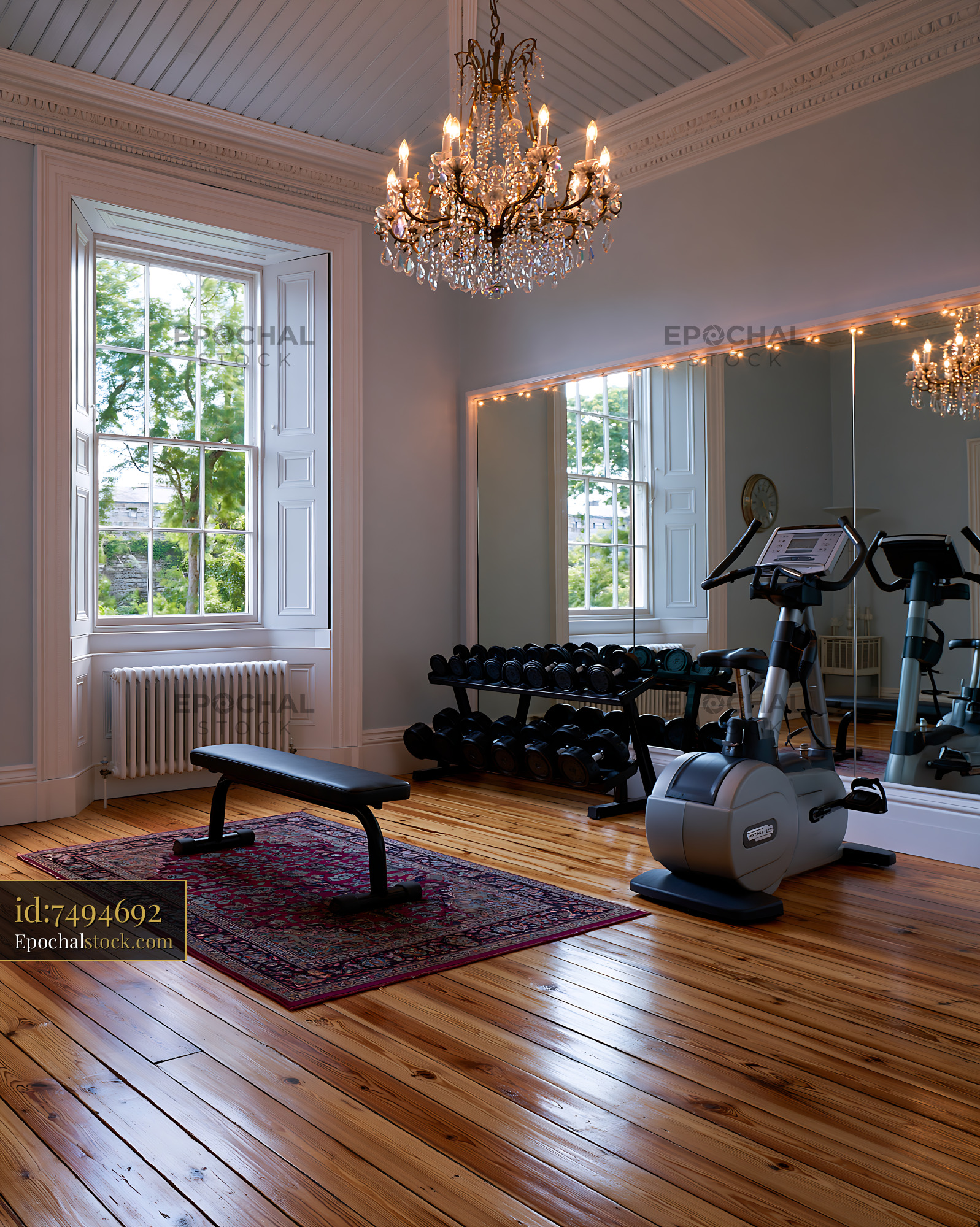 Watermarked full-resolution preview of Modern gym interior with exercise equipment and chandelier