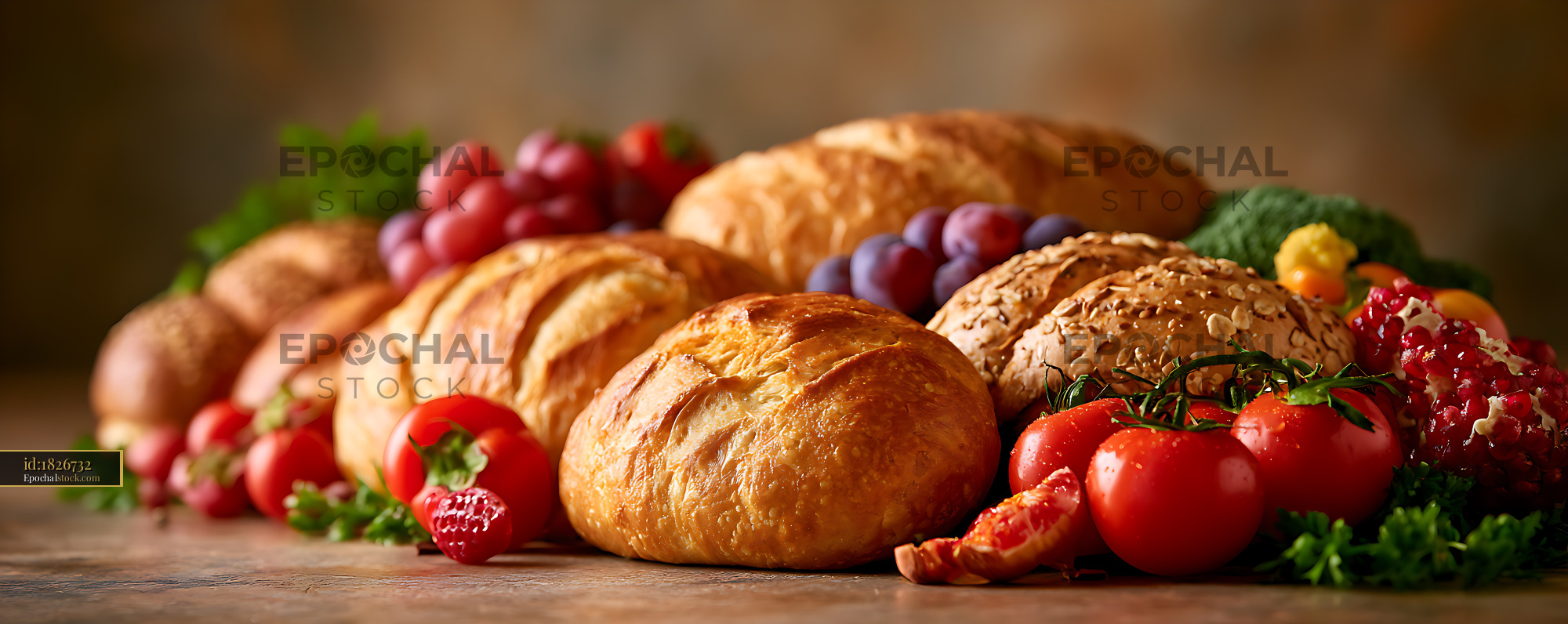 Watermarked full-resolution preview of Fresh bread and colorful produce on a rustic table