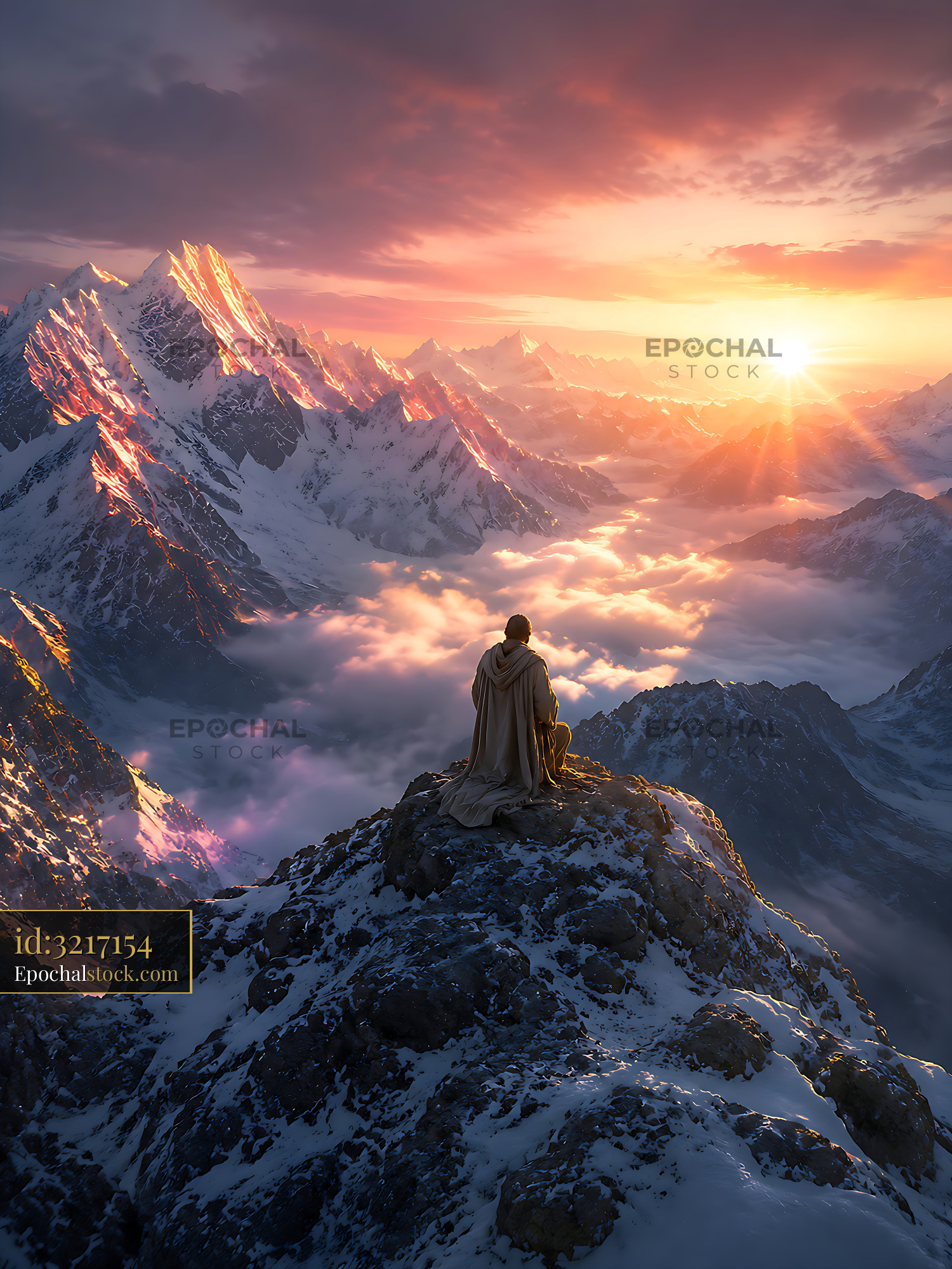 Mountain Peak View at Sunrise With Person Sitting Alone - stock photo