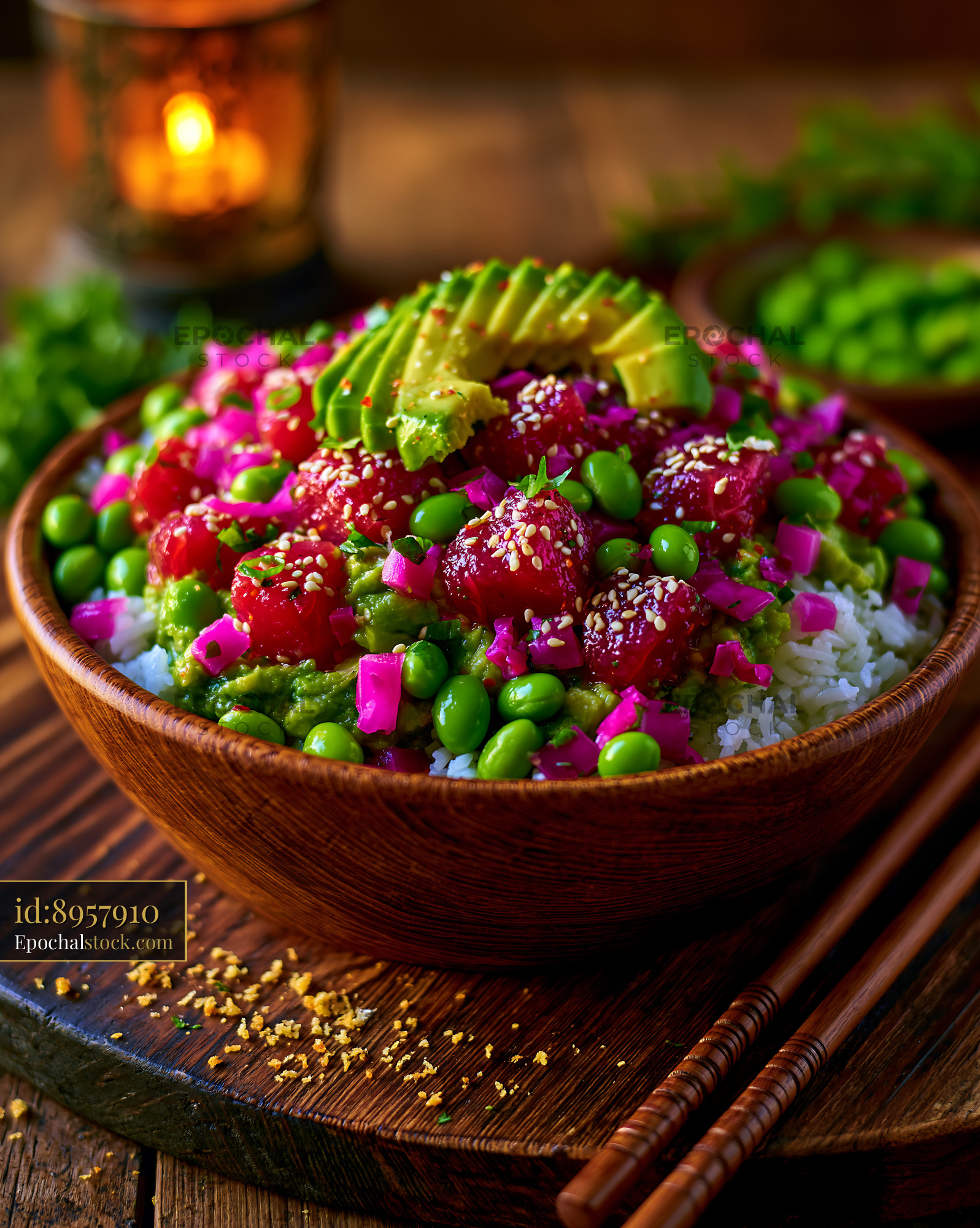 Watermarked full-resolution preview of Colorful poke bowl with fresh ingredients in wooden bowl