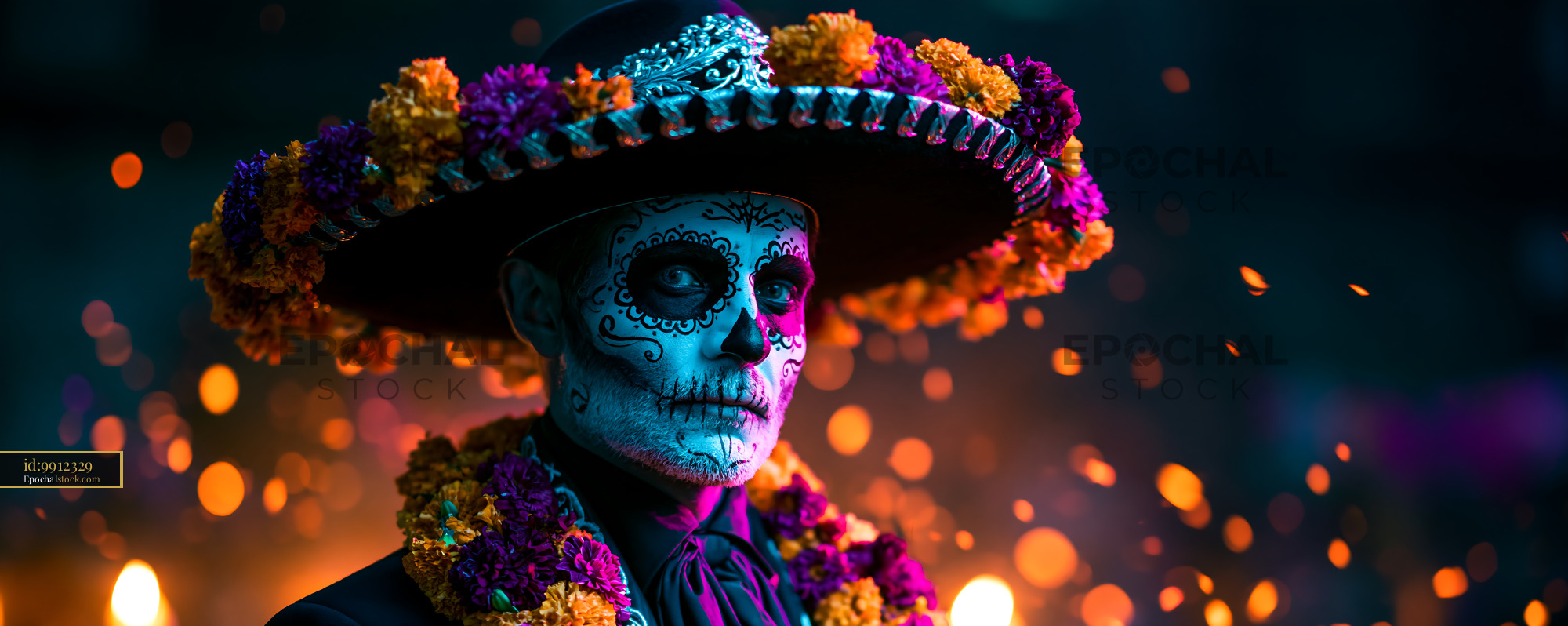 Watermarked full-resolution preview of Colorful figure with skull makeup and hat during cultural event
