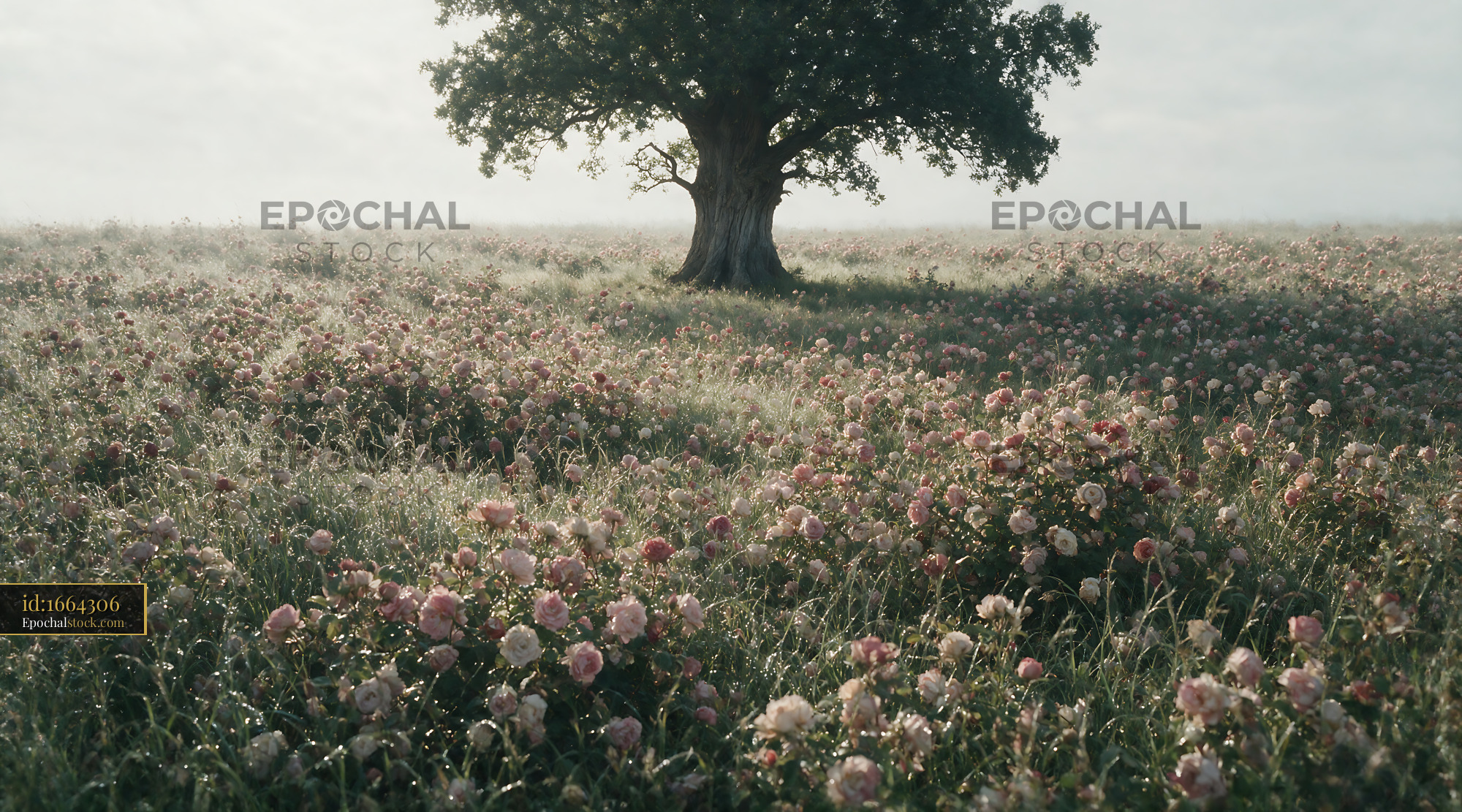 Watermarked full-resolution preview of Tree surrounded by flowers in a misty landscape
