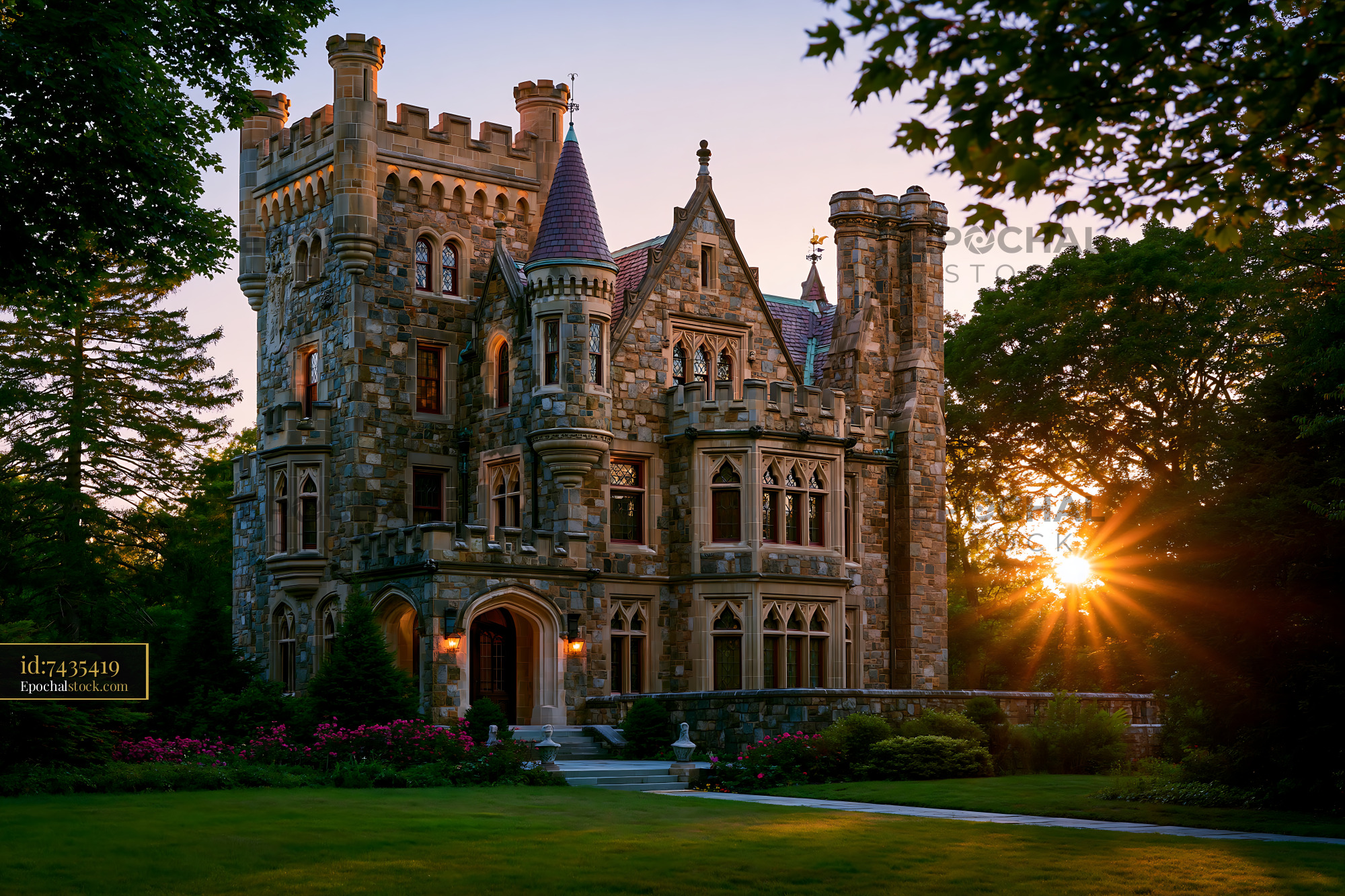 Watermarked full-resolution preview of Historic stone castle with towers at sunset