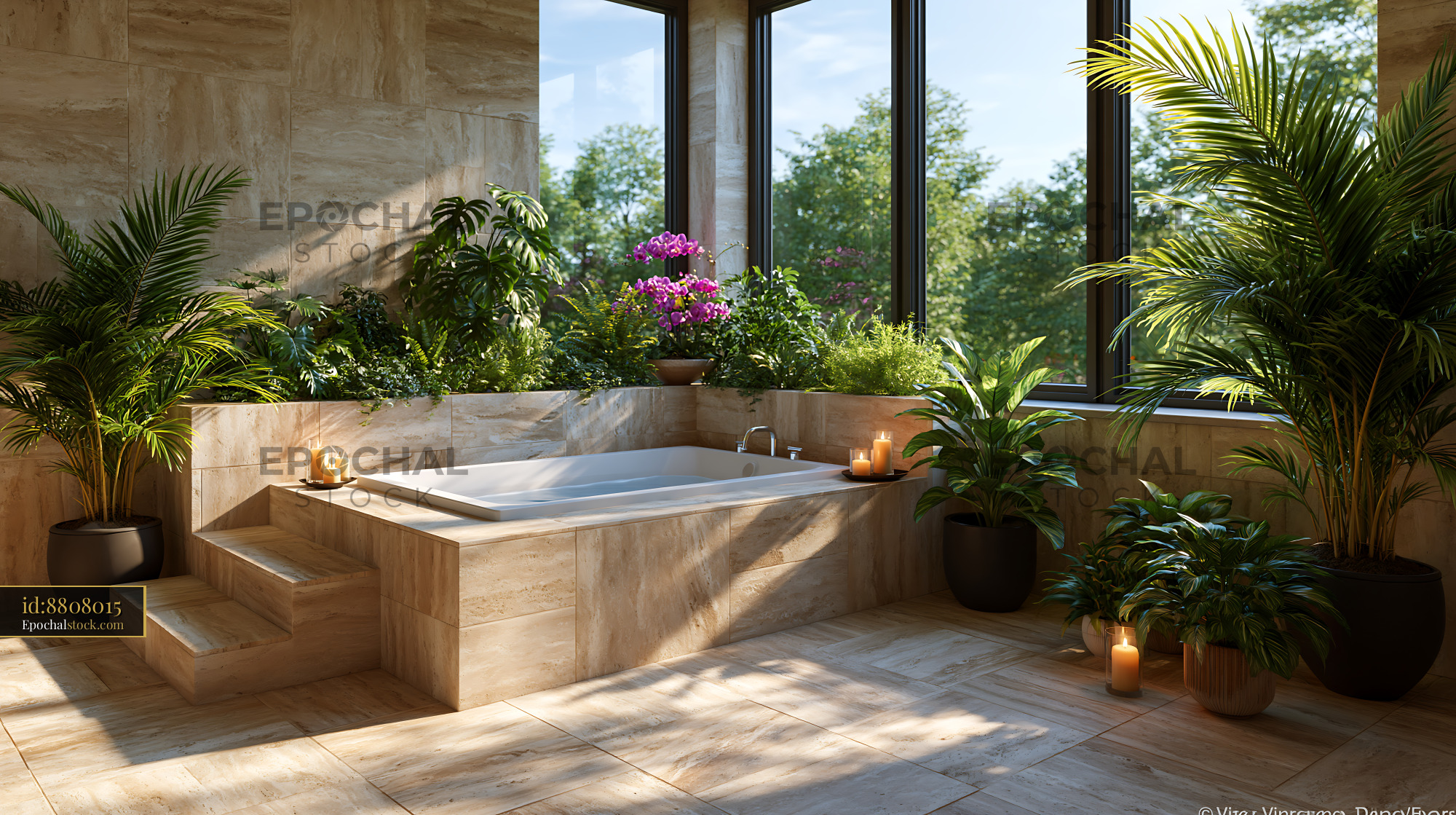 Watermarked full-resolution preview of Modern bathroom with plants and natural light