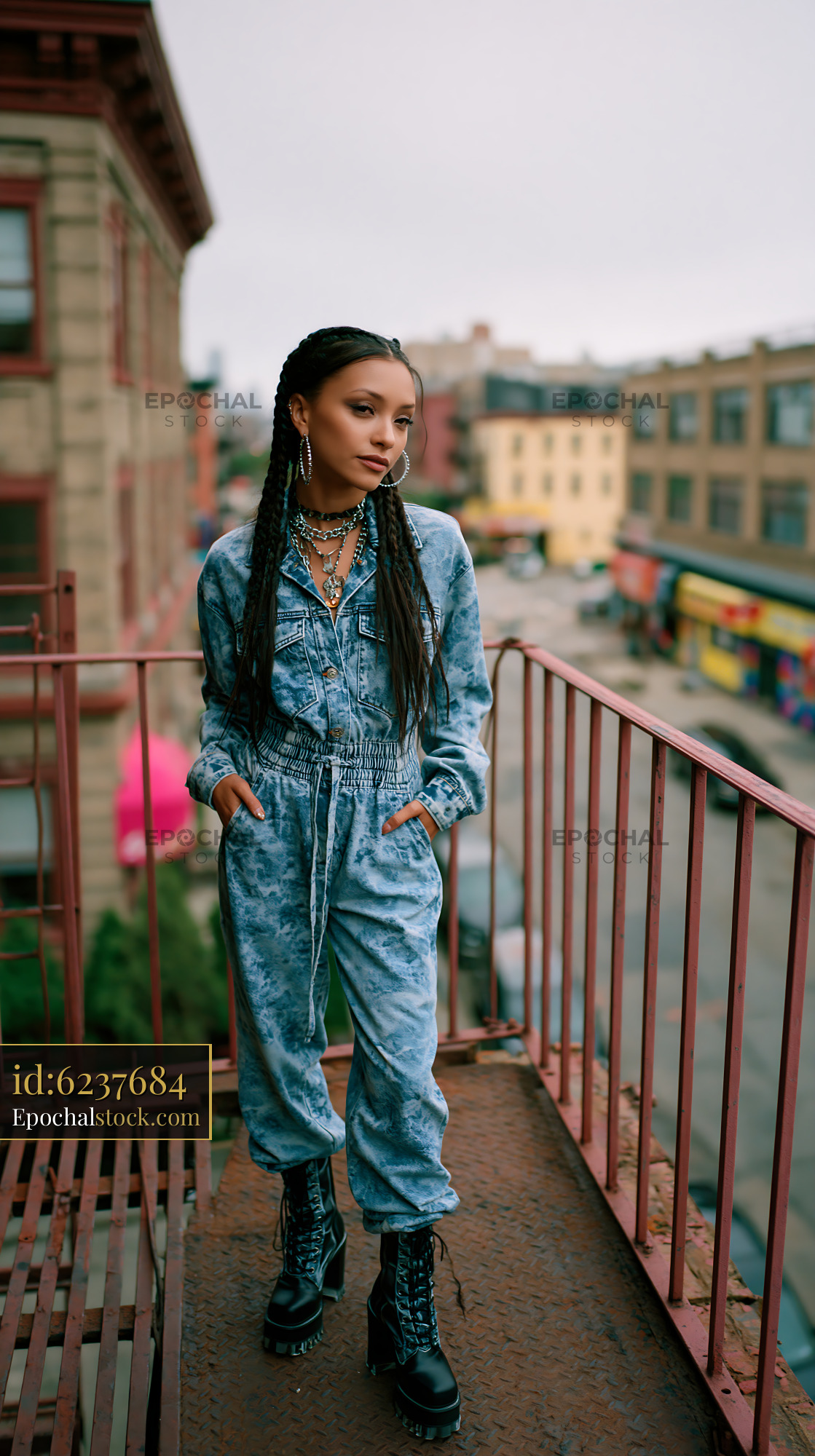 Watermarked full-resolution preview of Street fashion on a balcony in a city neighborhood during daytime