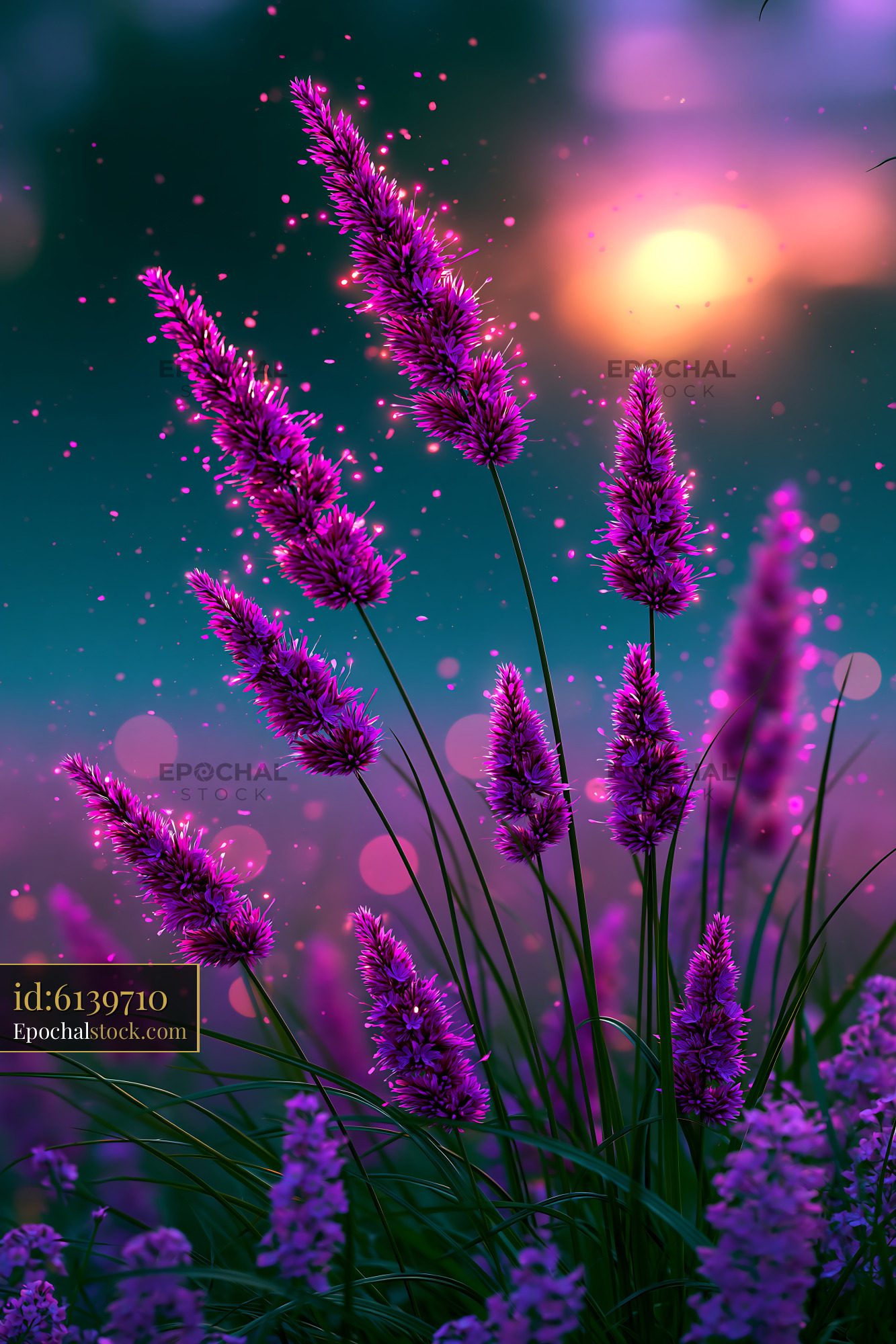 Watermarked full-resolution preview of Purple flowers swaying in the breeze during sunset