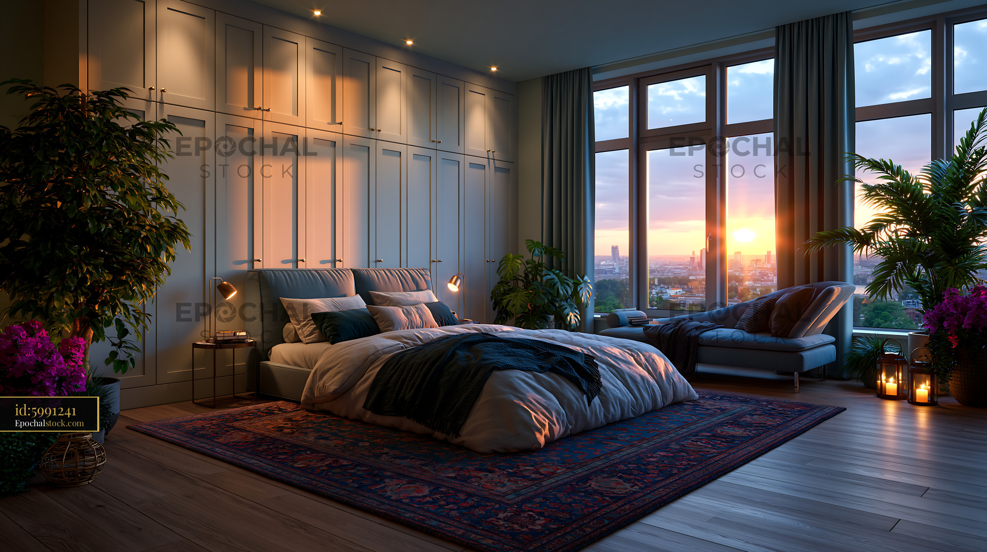 Watermarked full-resolution preview of Modern bedroom with sunset view over city skyline