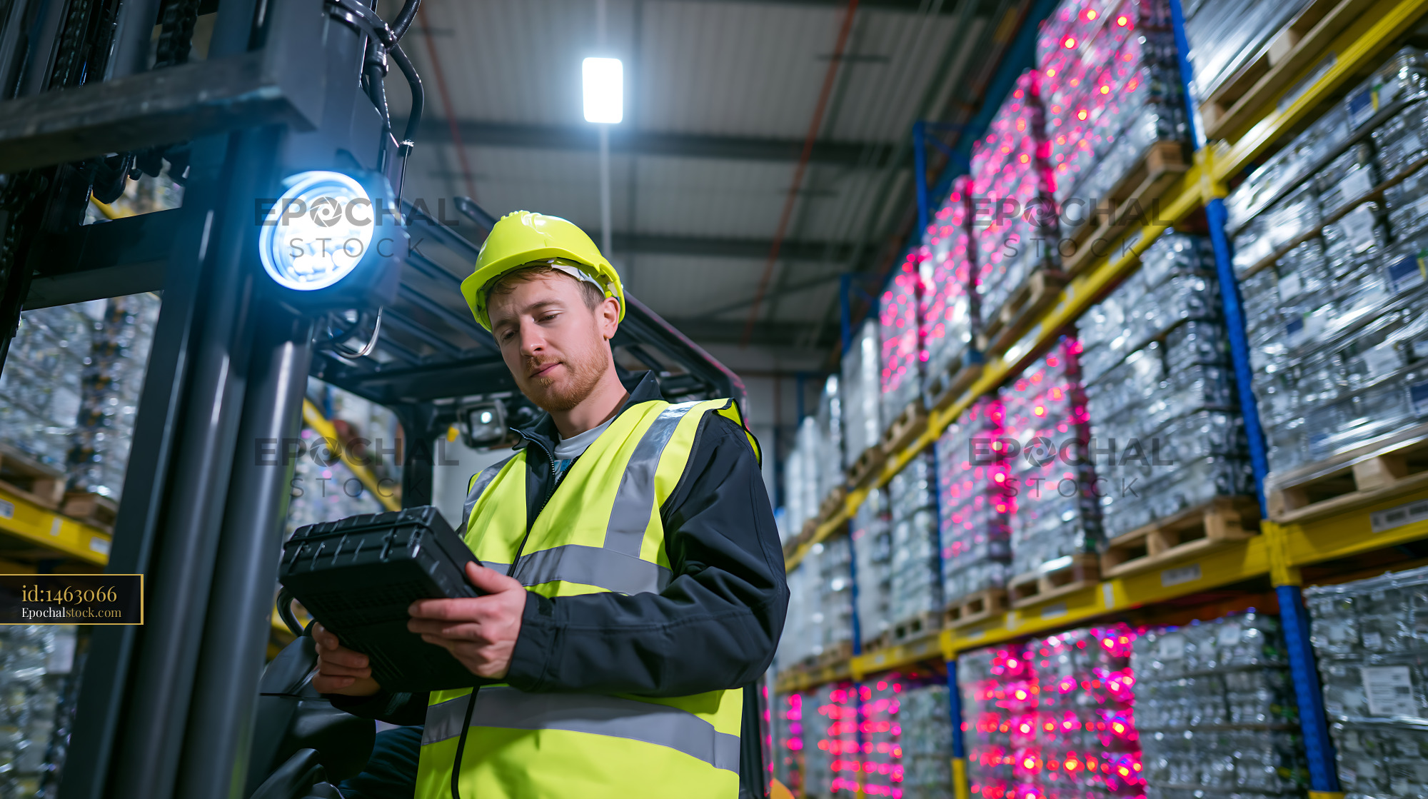 Watermarked full-resolution preview of Worker using tablet in warehouse with stacked pallets