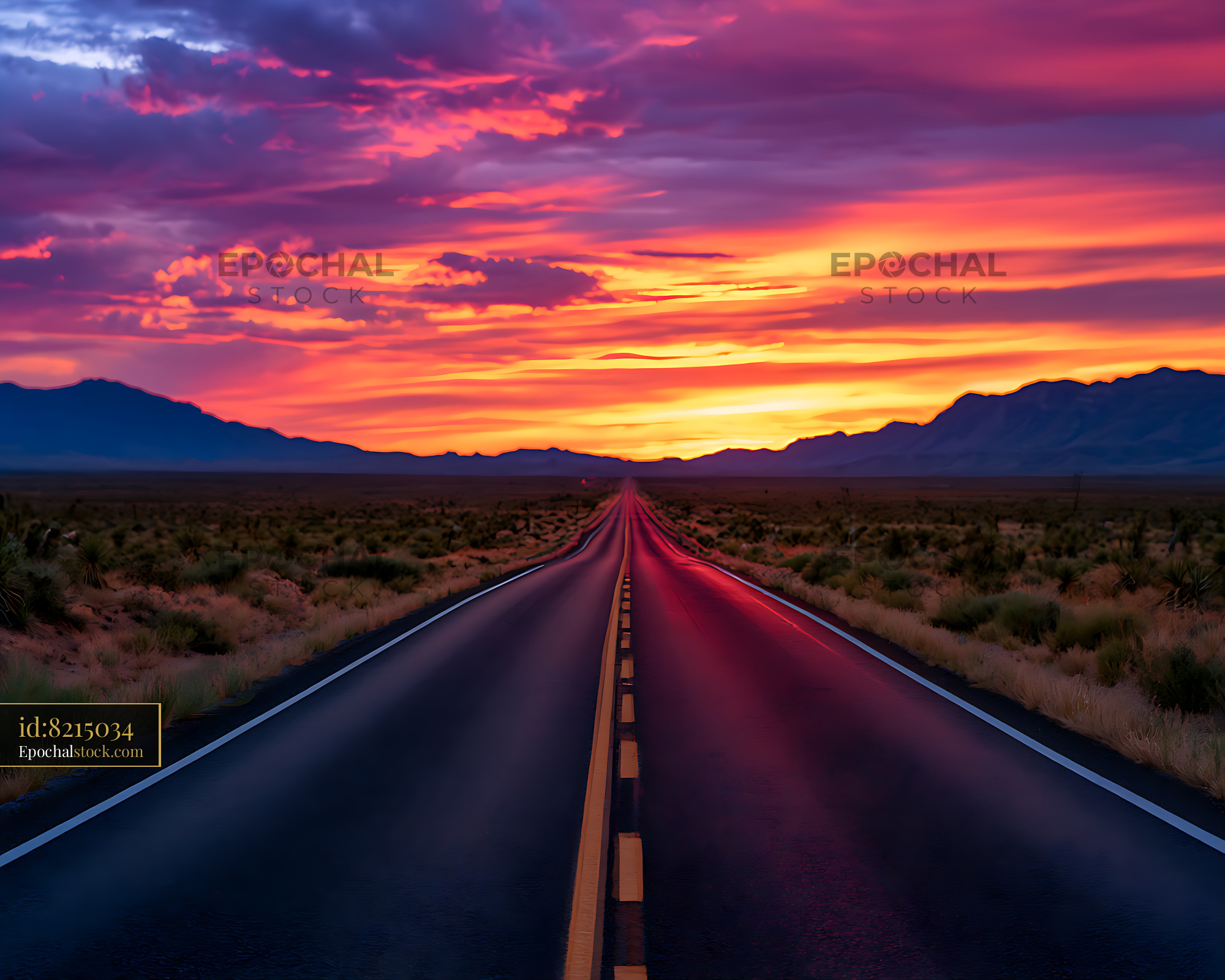 Watermarked full-resolution preview of Vibrant sunset over a straight desert road