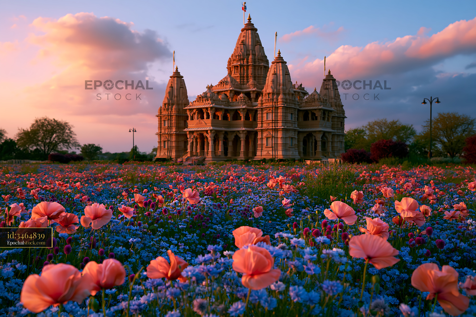 Watermarked full-resolution preview of Temple surrounded by colorful flowers at sunset
