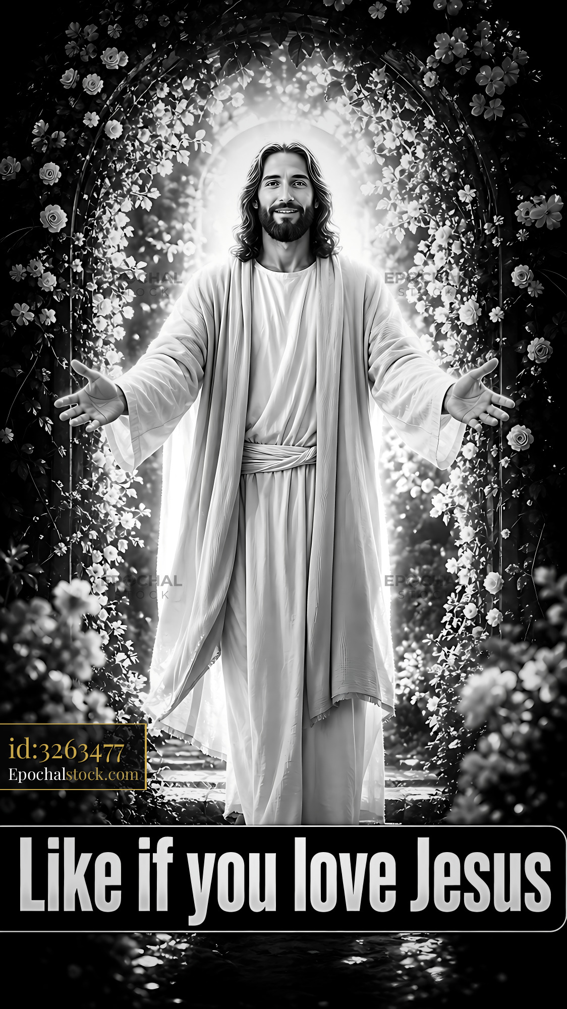 Watermarked full-resolution preview of Jesus standing among flowers with open arms