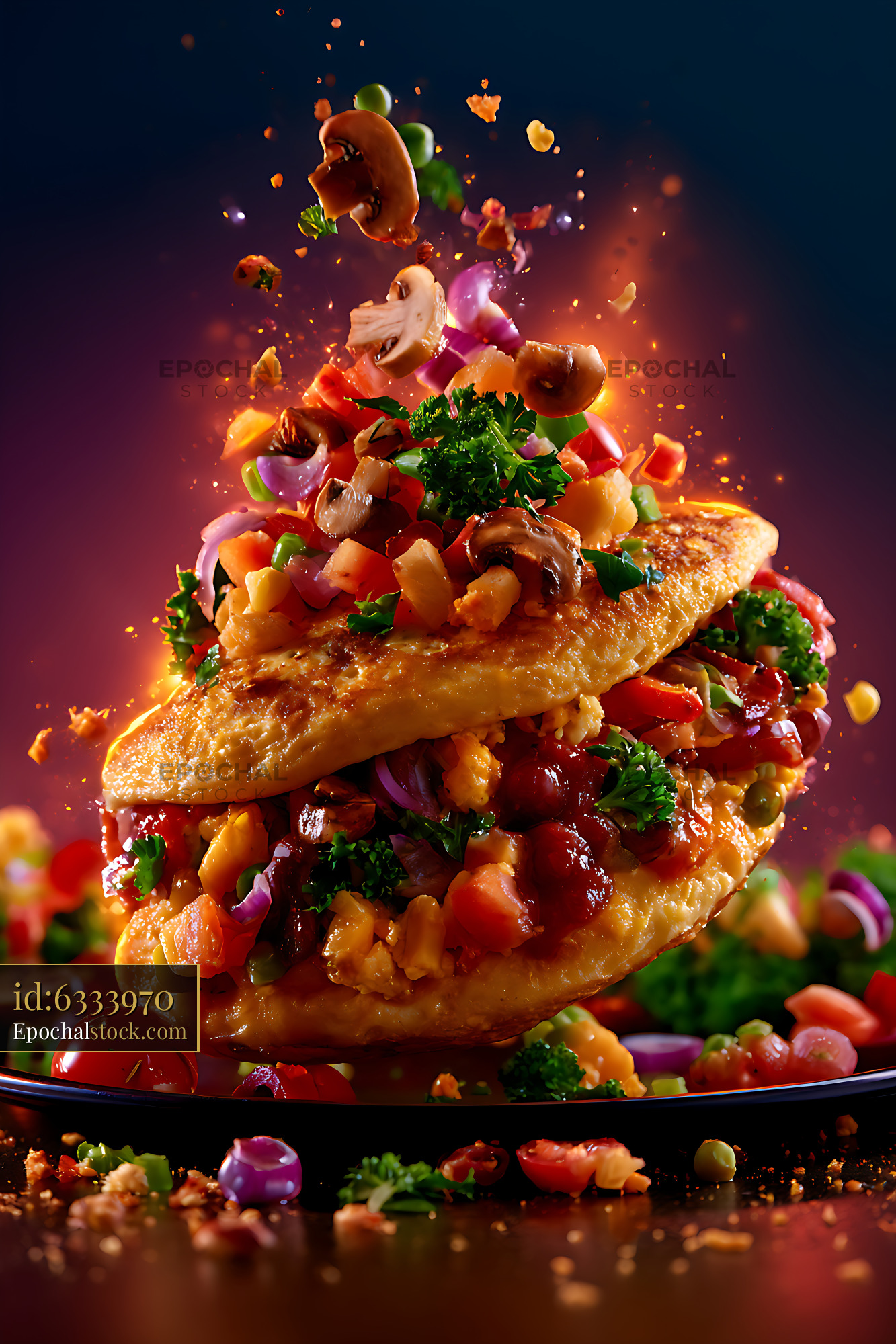 Watermarked full-resolution preview of Colorful toasted sandwich with vegetables and mushrooms