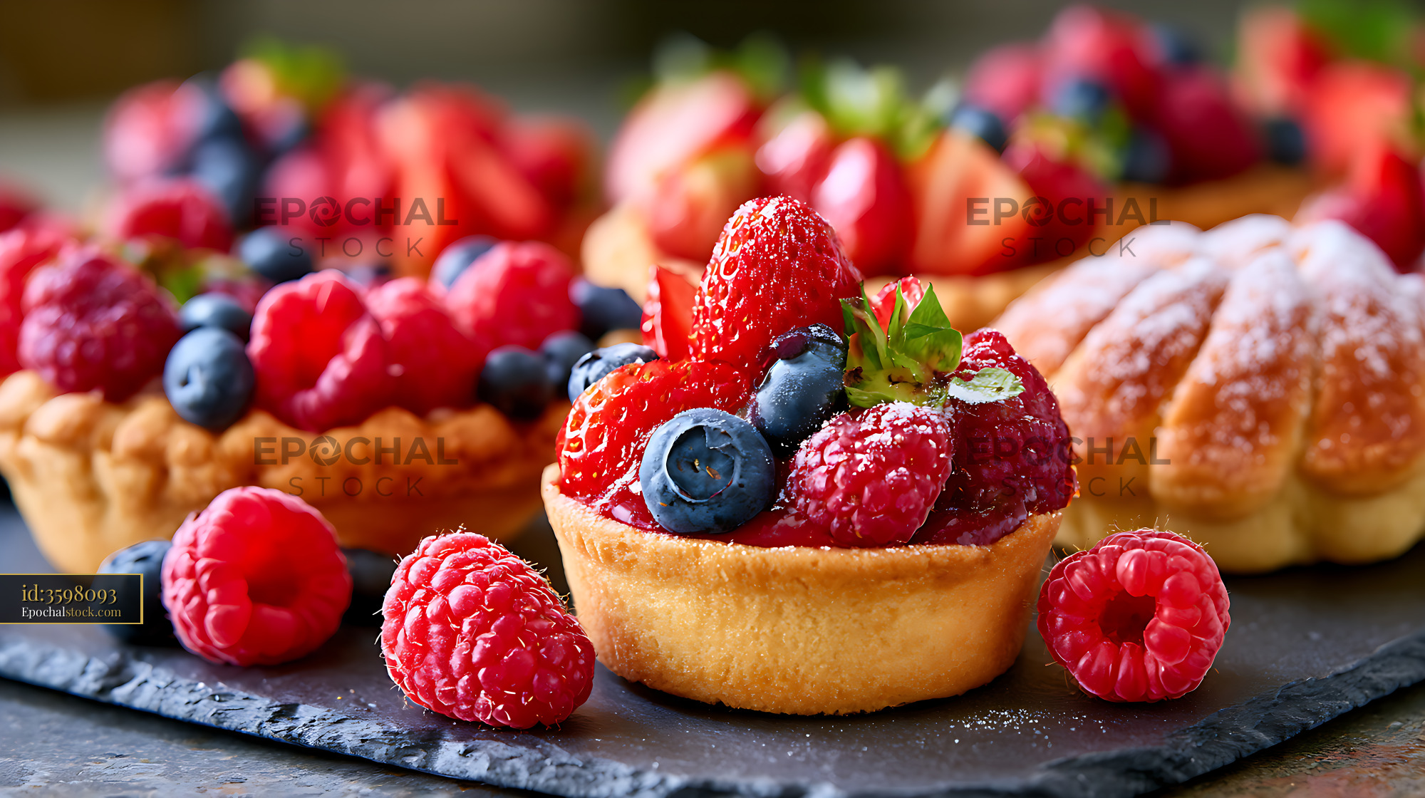 Watermarked full-resolution preview of Fresh berry tart on a stone surface with other desserts present