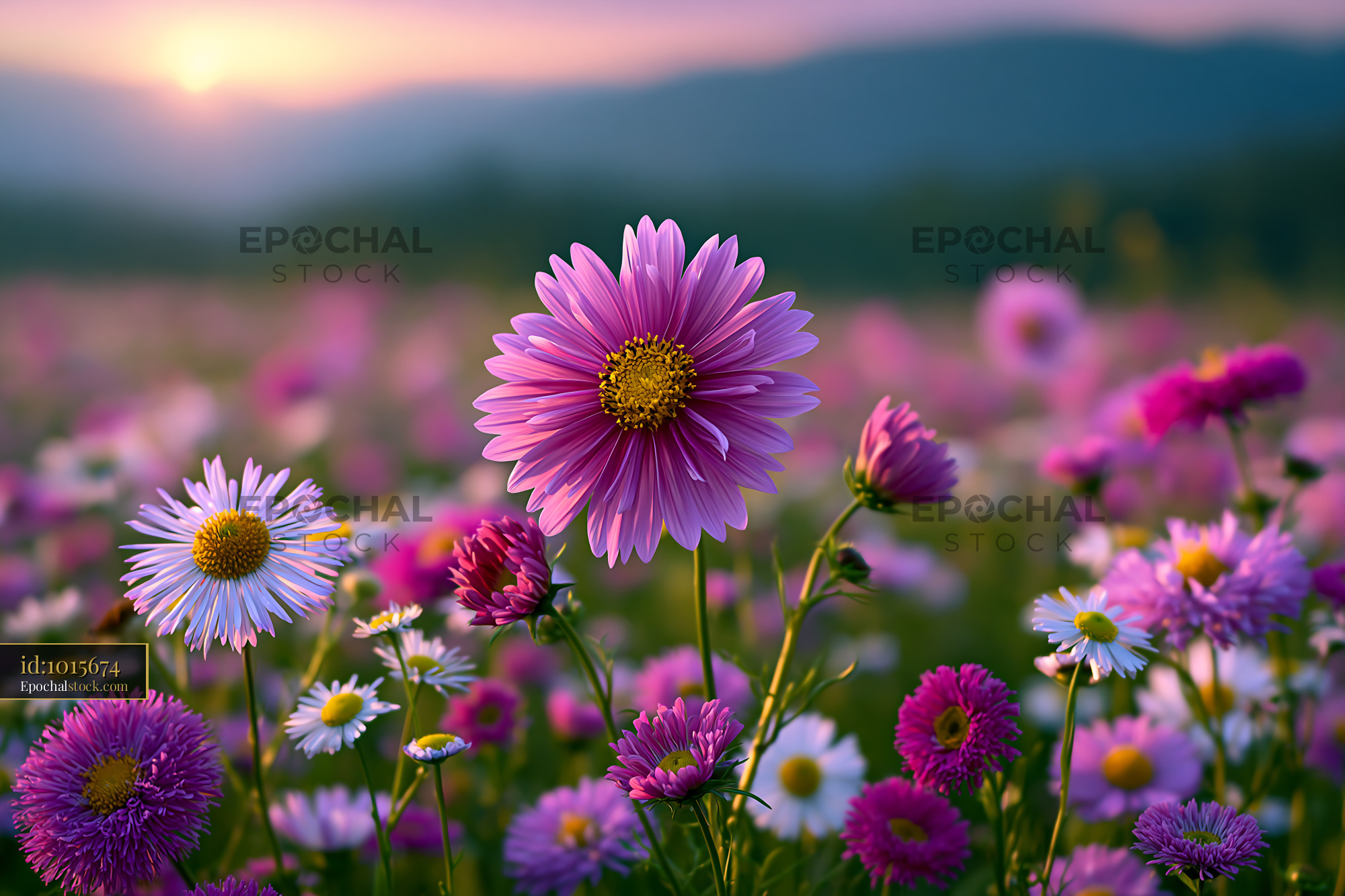 Flowers Bloom in a Field at Sunset With Vibrant Colors - stock photo