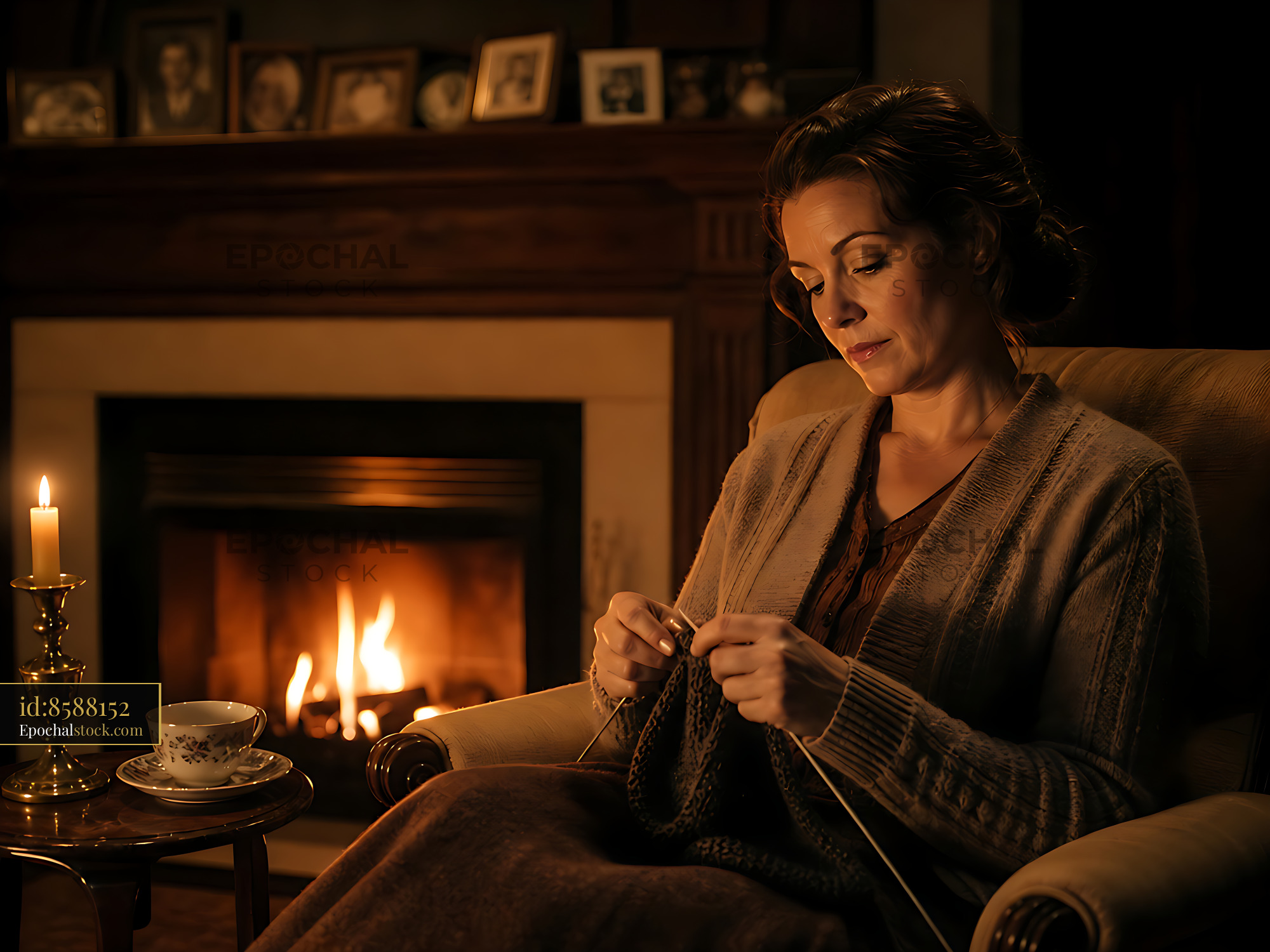 Watermarked full-resolution preview of Woman knitting by the fireplace in a cozy room