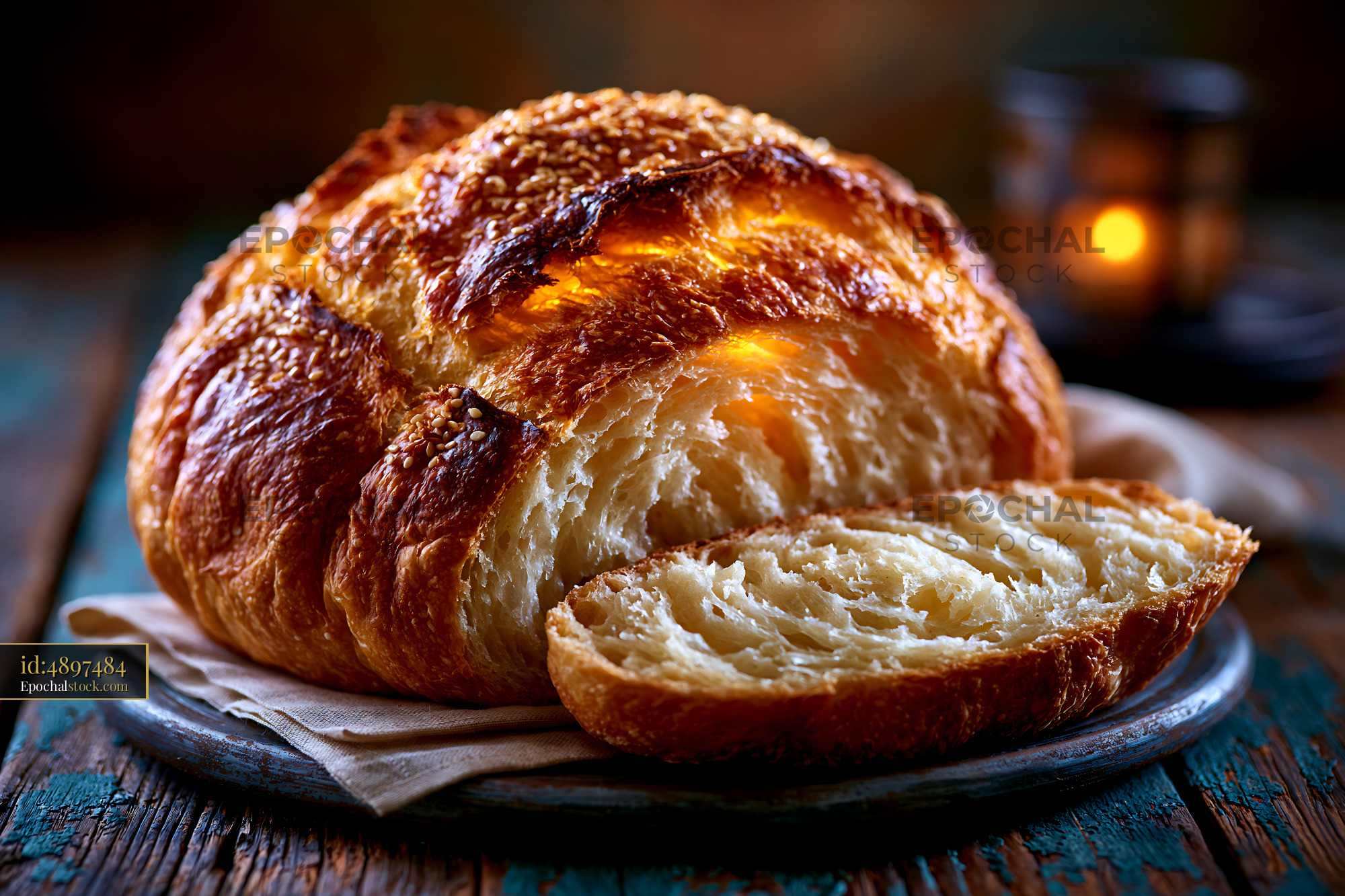 Watermarked full-resolution preview of Freshly baked bread loaf on a wooden table with a candle