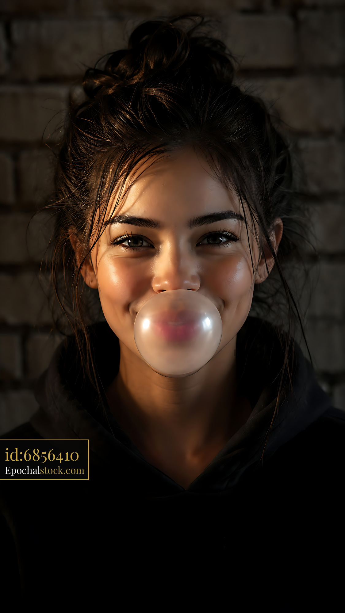 Watermarked full-resolution preview of Woman blowing bubble gum in urban setting